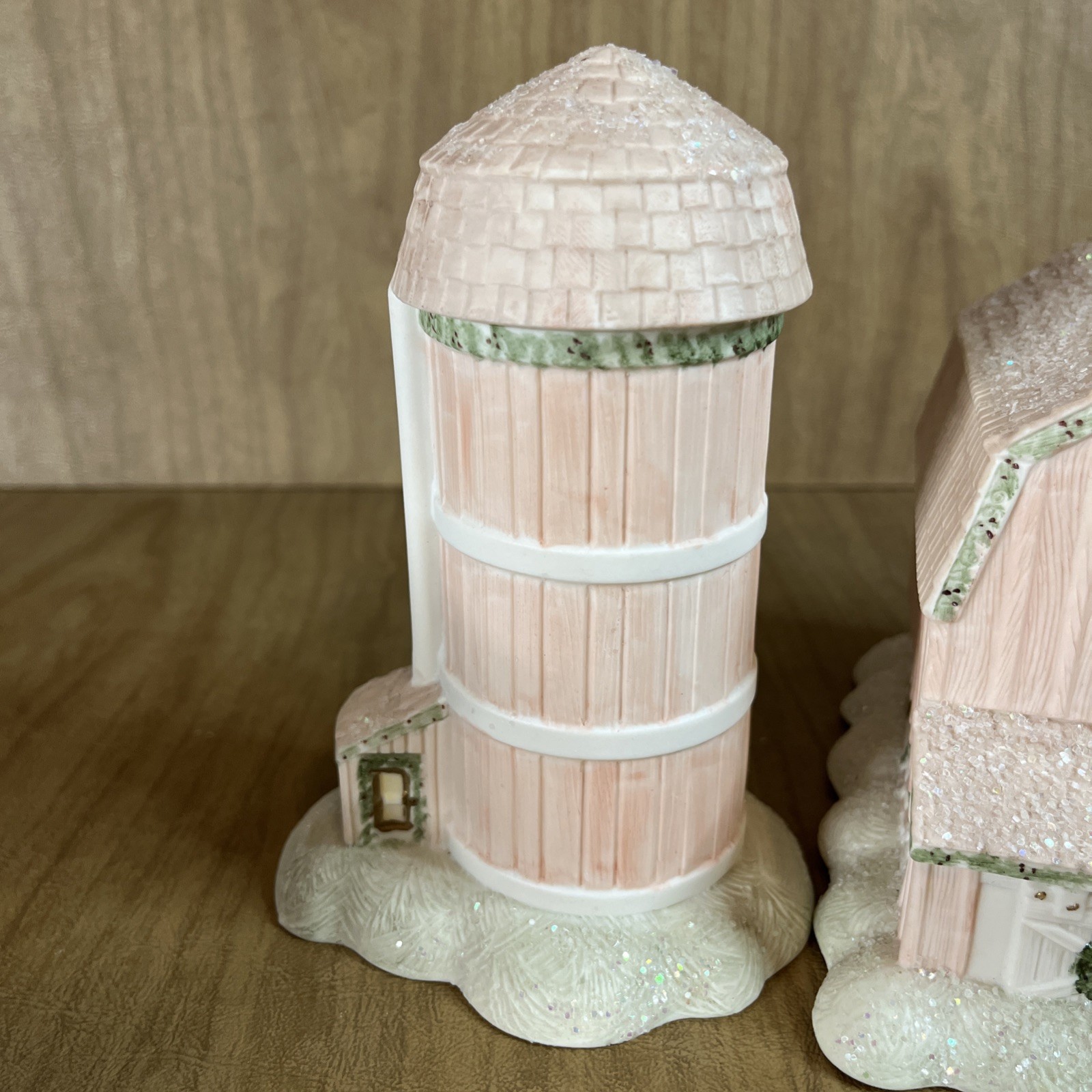 Hand Painted Ceramic Barn Silo Gazebo Christmas Village Glitter Snow Decor