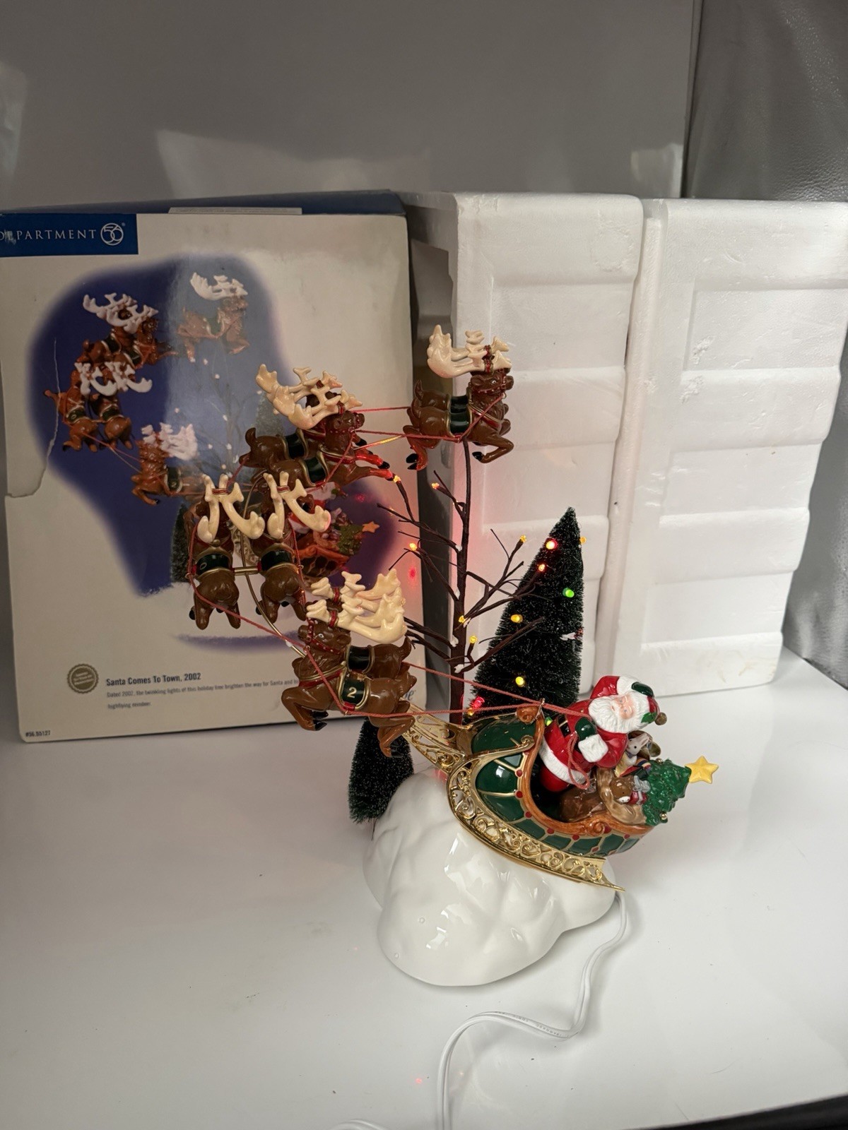 Department✨56 Snow Village “Santa Comes To Town” 2002 Sleigh Reindeer Lights✨