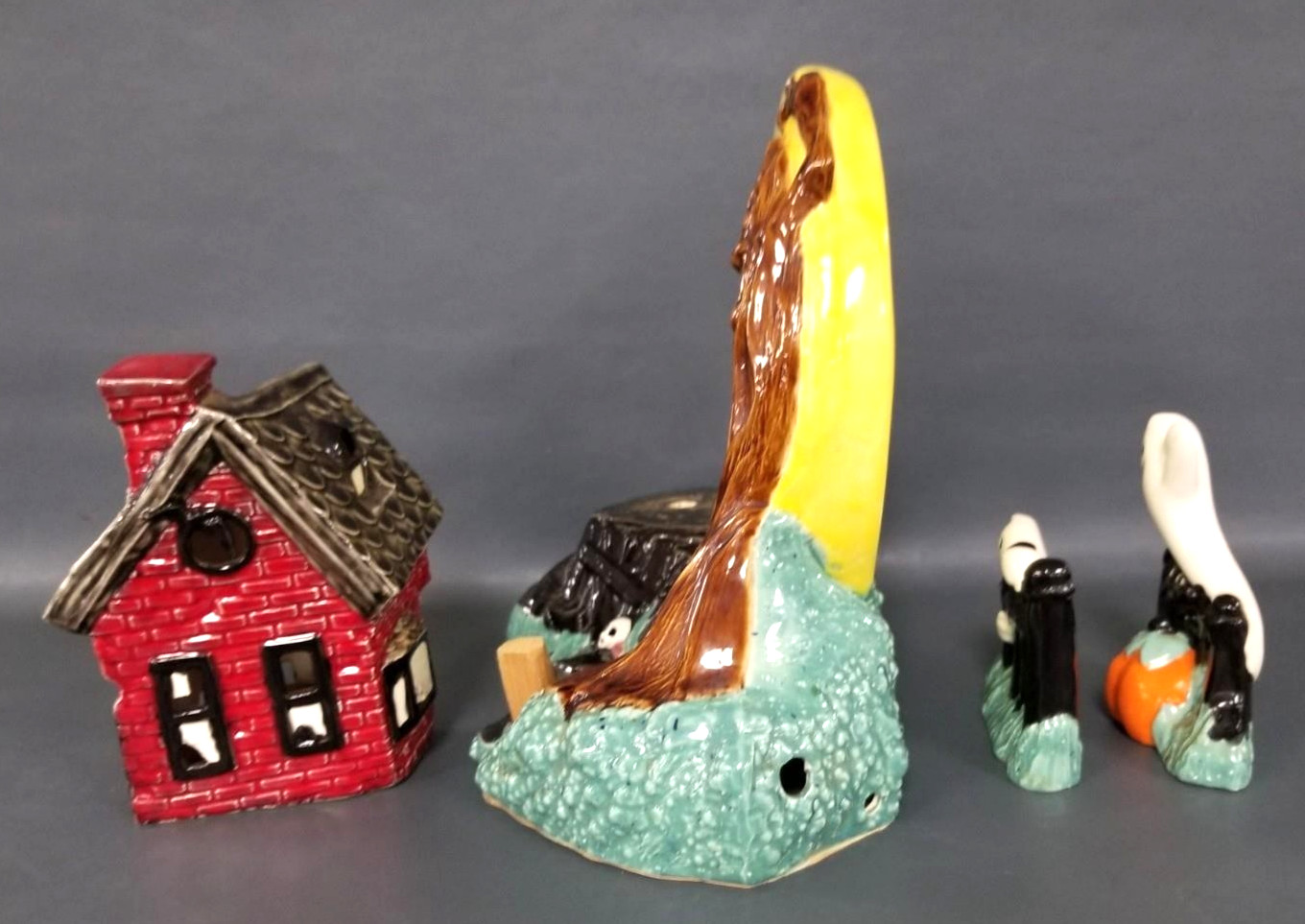 Vintage 4 Pc Ceramic Haunted House Set with Smiling Full Moon Handpainted