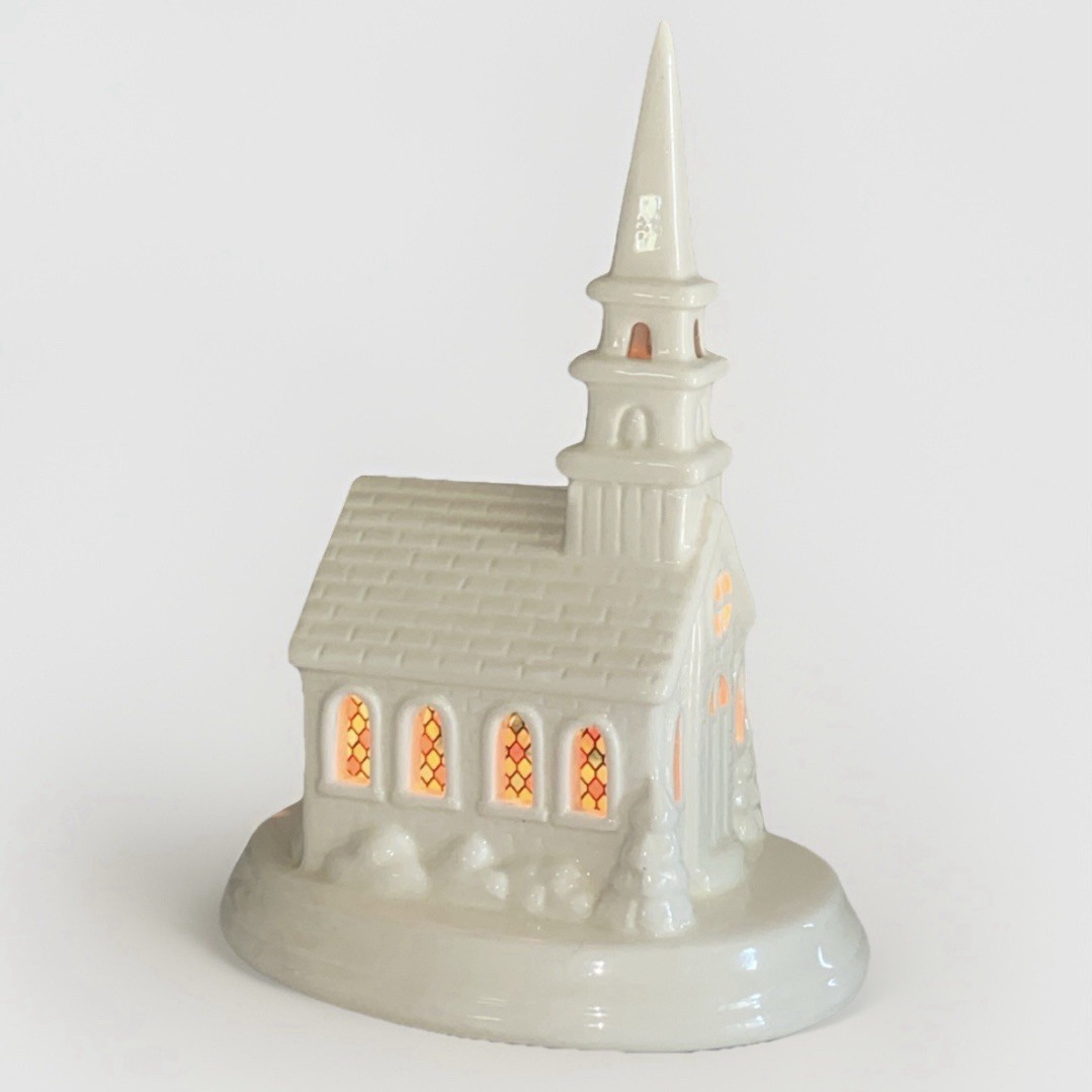 Vintage 10” Light Up Church Works White Ivory glazed ceramic Stain Glass Windows