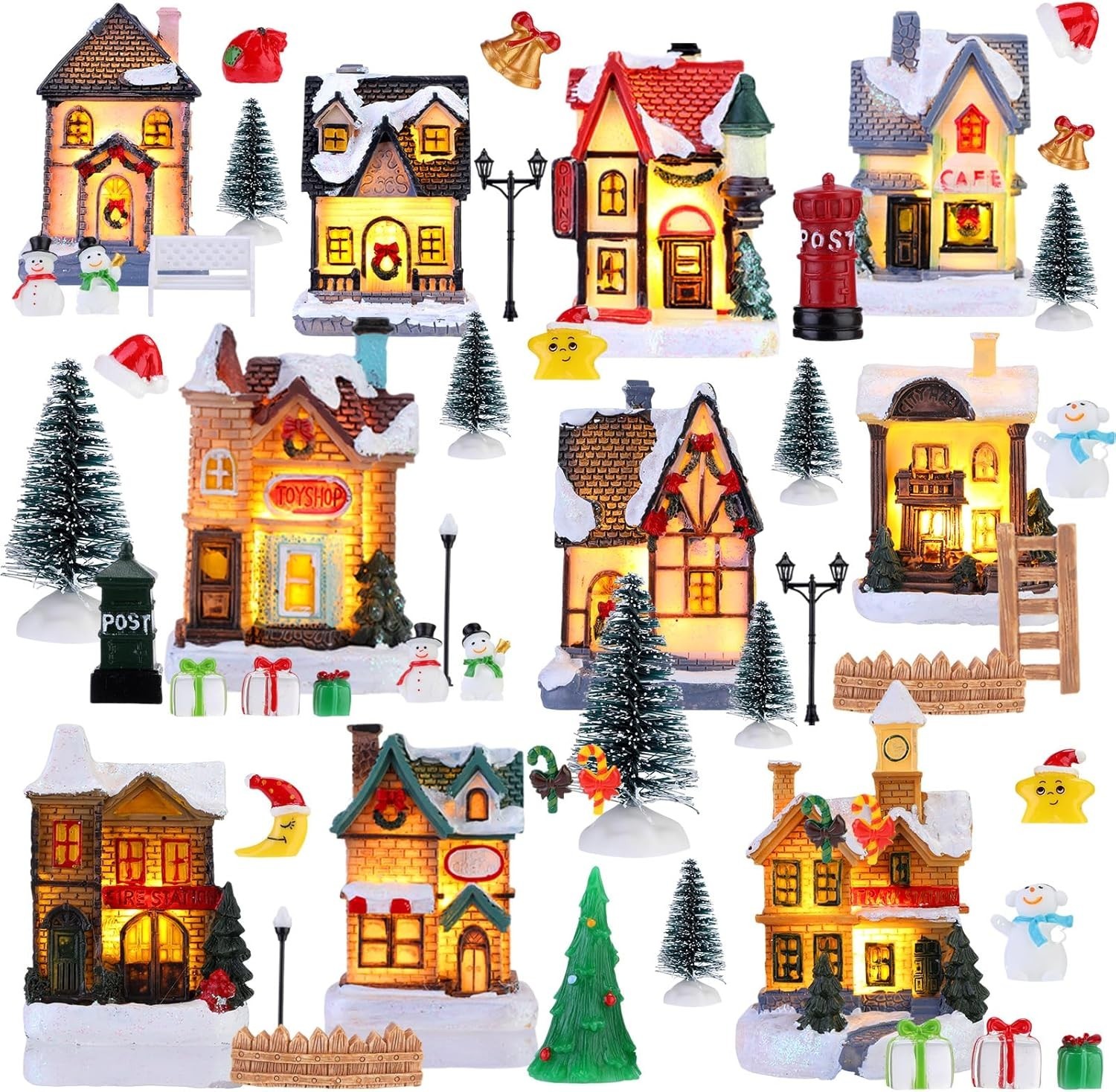 Barydat 60 Pcs Christmas Village Figurines Decor Set Led Lighted Mini Xmas