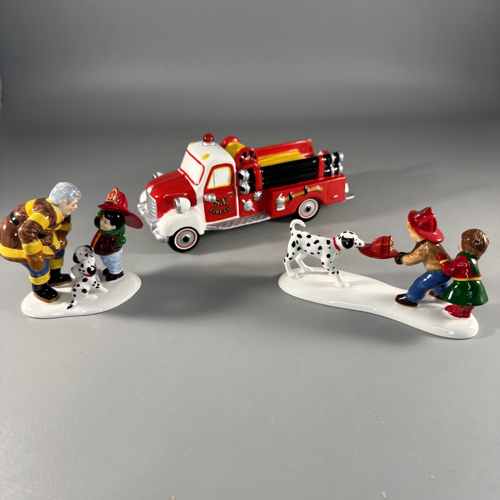 Set Of 3 Dept 56 Fire Truck Fireman Kids Dalmations Figurines *Read Description*