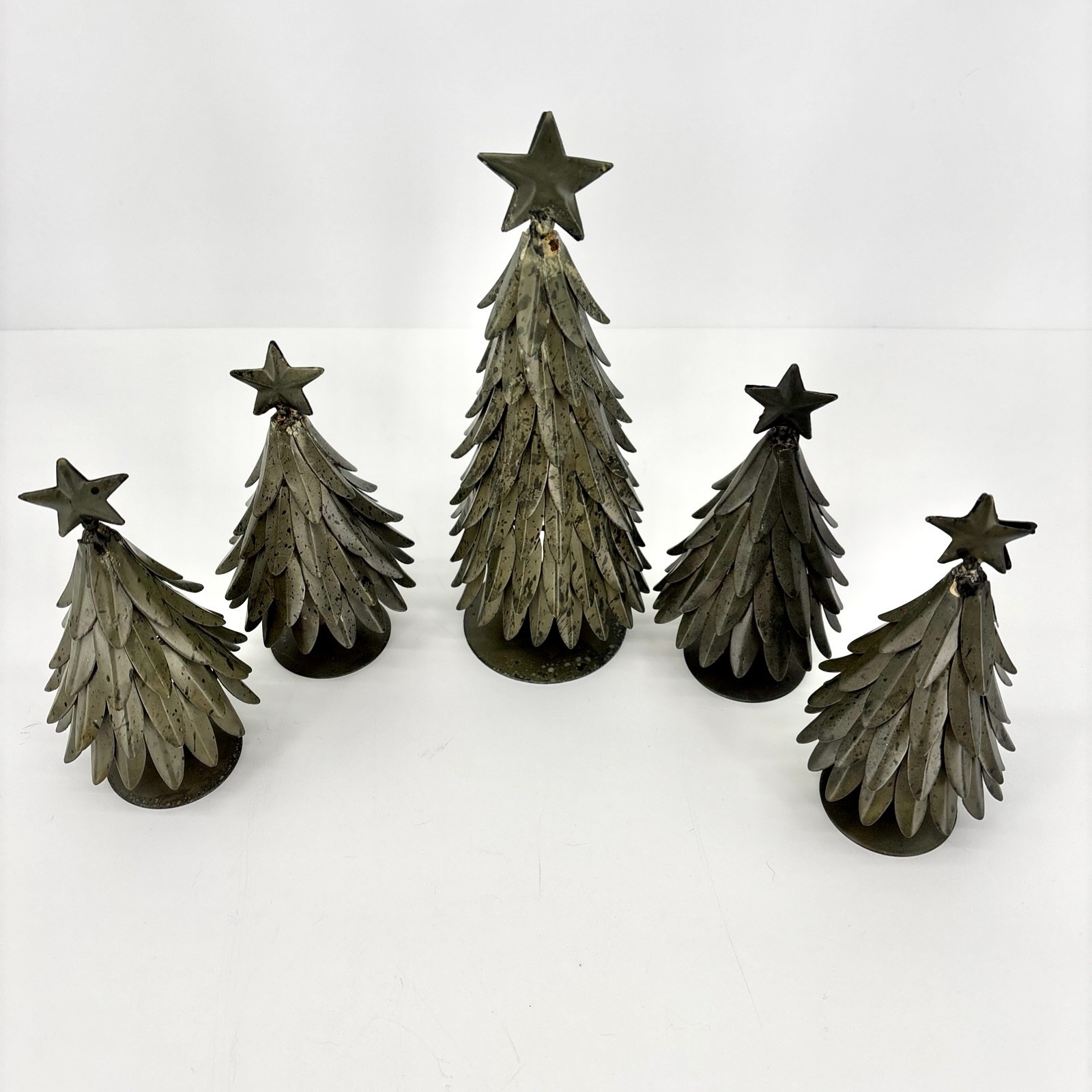 Set of 5 POTTERY BARN Galvanized Village Star Topped Trees Small & Large VTG