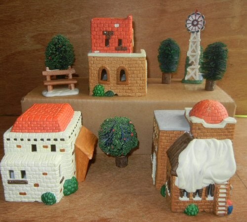 9 PCS 1996 NOMA SOUTHWESTERN STYLE CHRISTMAS SCENE 3 NOT LIT HOUSES + NO BOX