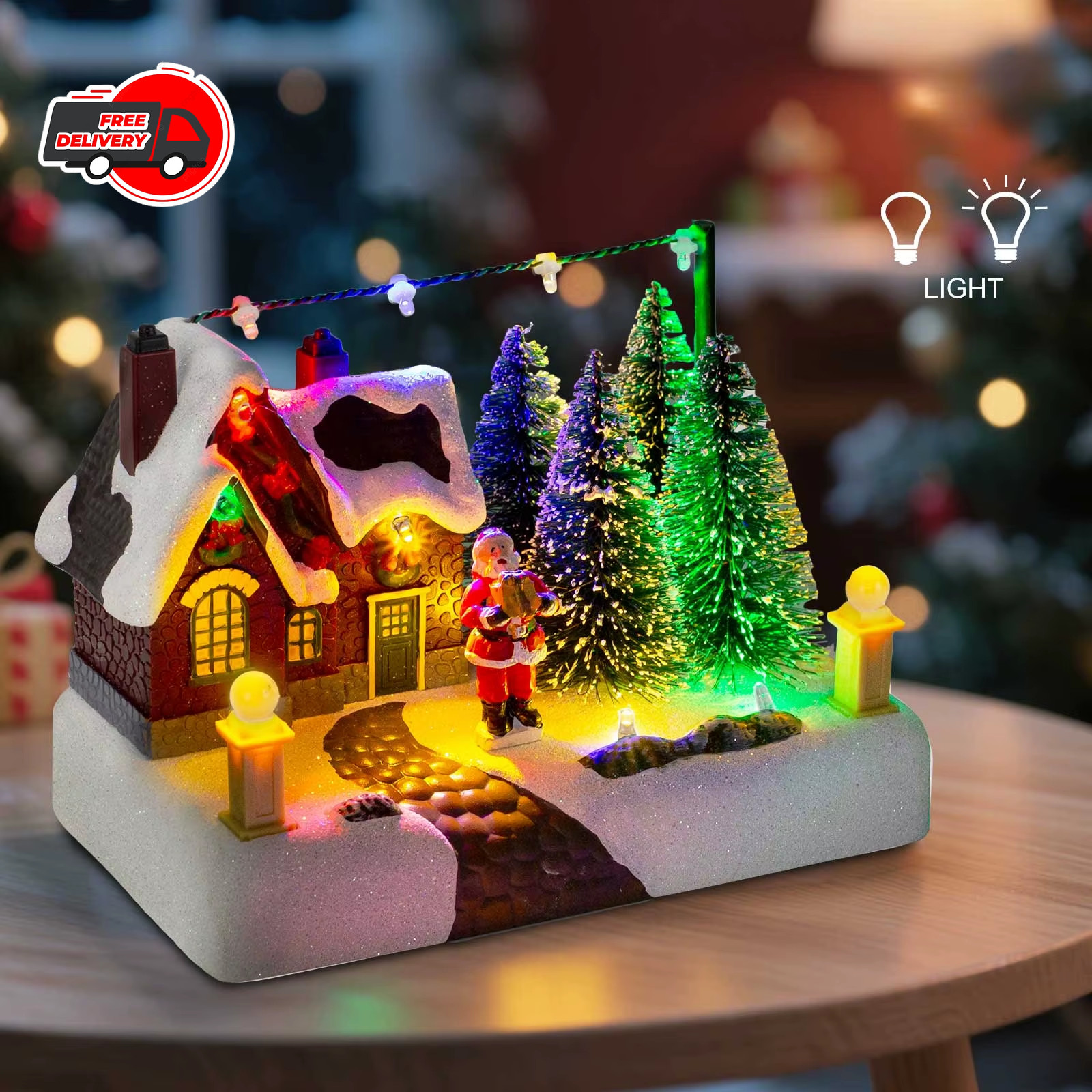 Christmas Village Collectible Building Scene with Lights Trees Santa Snow Town