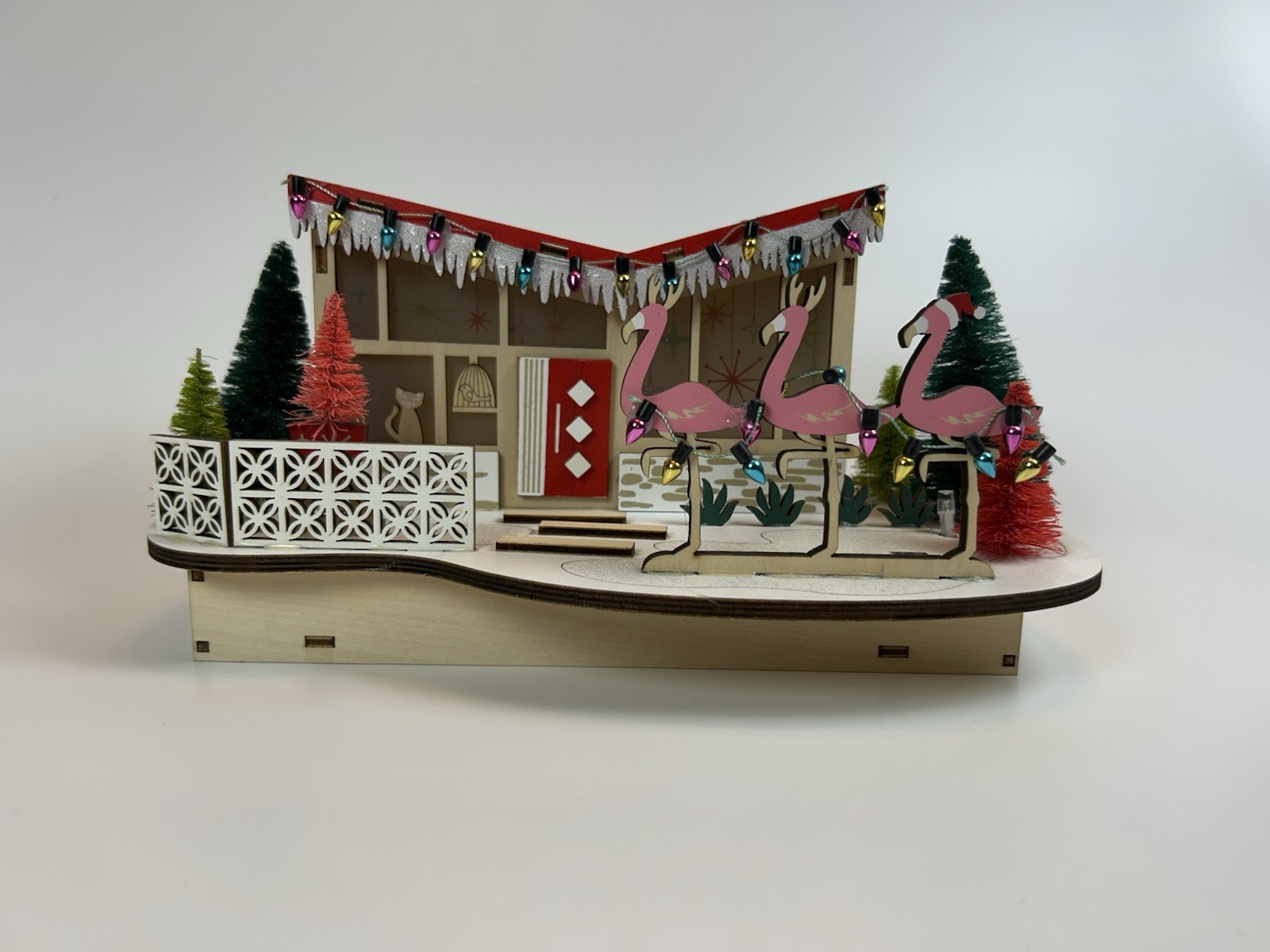 World Market 2022 Lighted MCM Wood Cut Christmas House Holiday Decor Flamingo