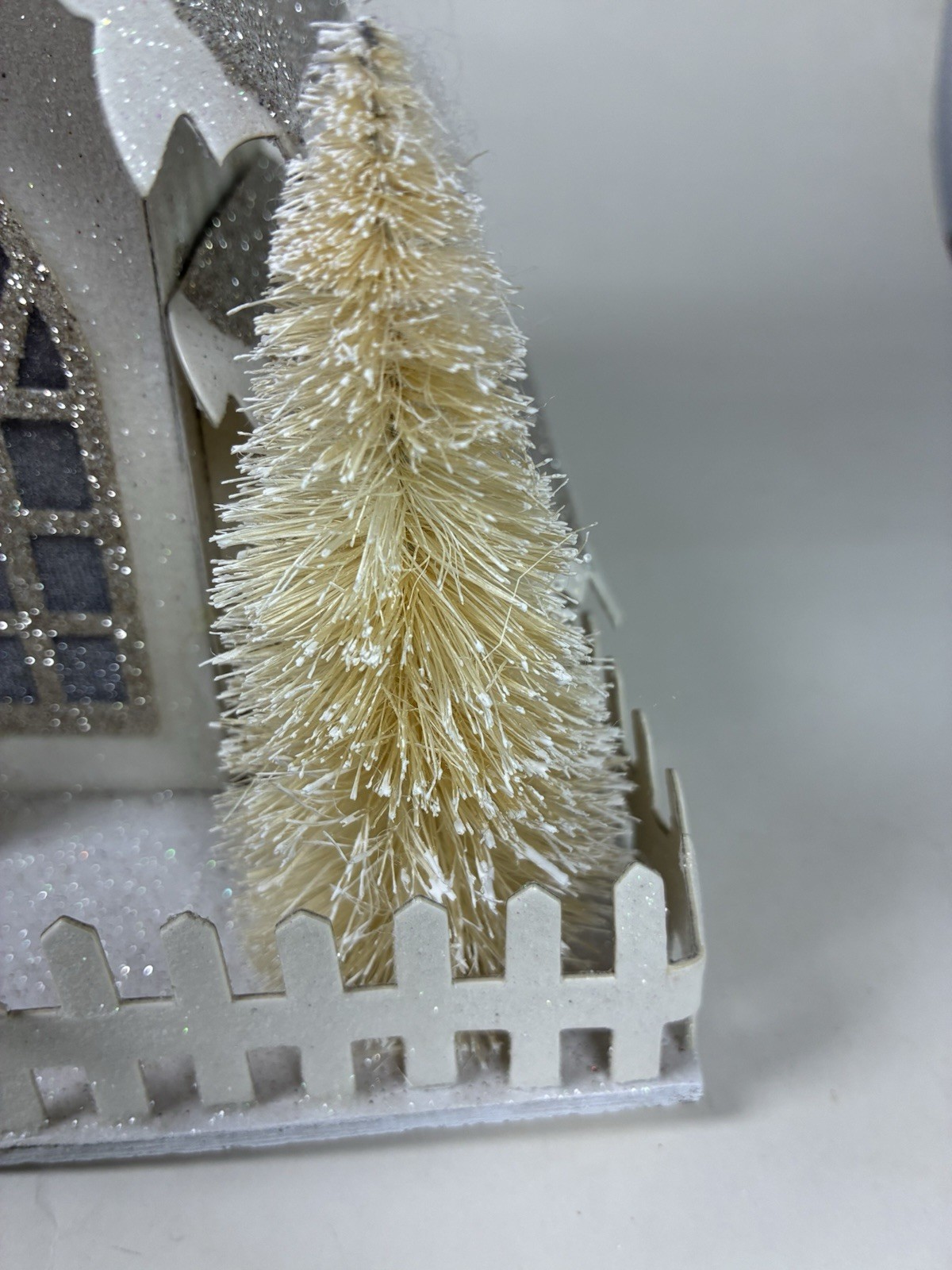 Putz Style Glittered Cardboard Christmas Village Church Bottle Brush Trees 12″
