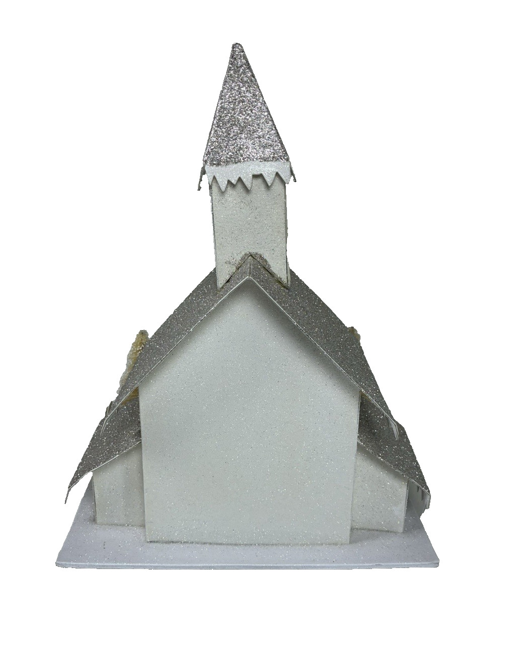 Putz Style Glittered Cardboard Christmas Village Church Bottle Brush Trees 12″