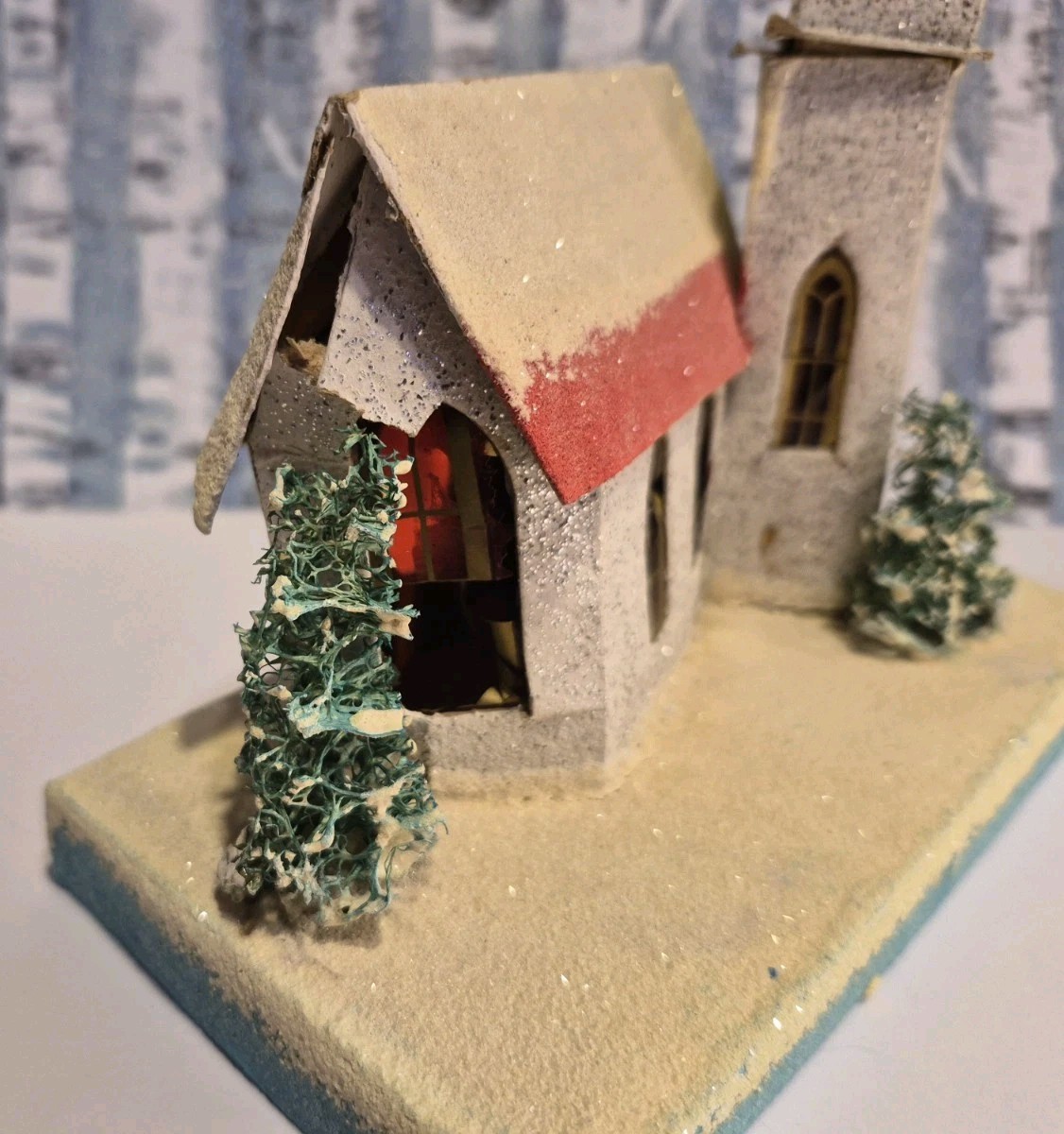 Vintage Putz ChurchHouse Christmas Cardboard Tree Glitter House READ