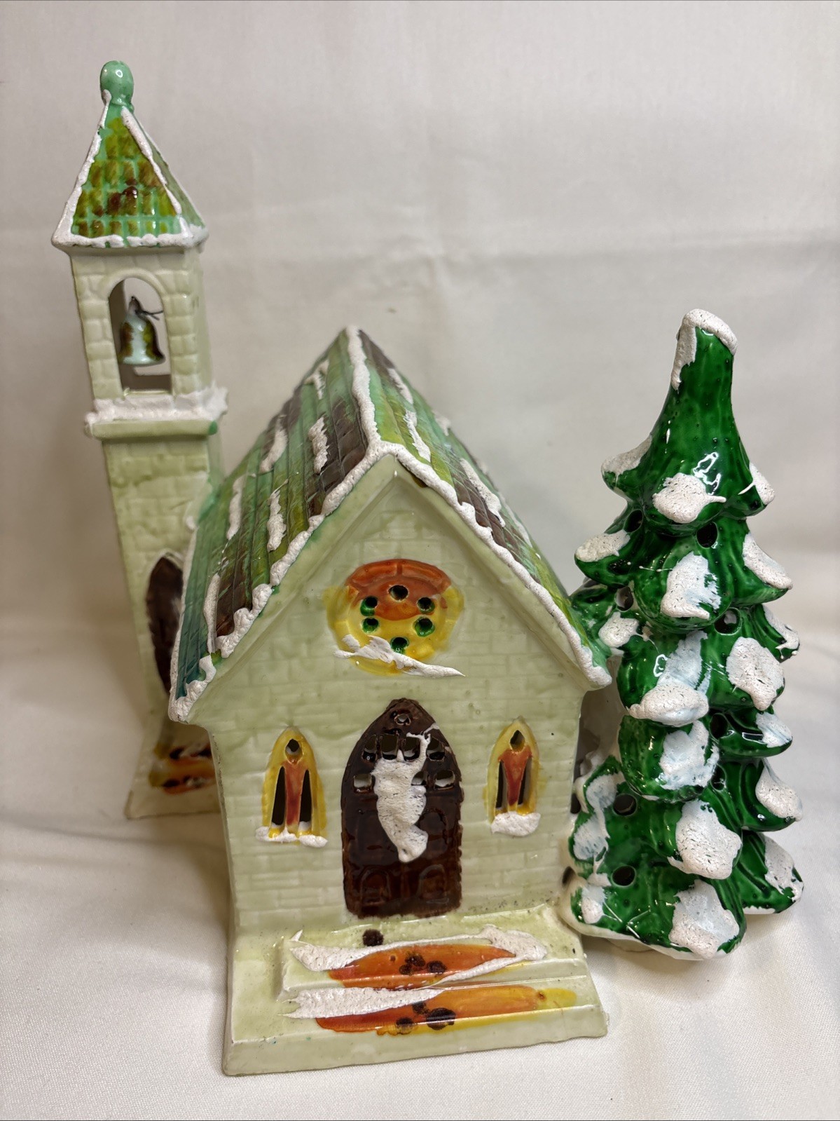 Dept 56 Original Snow Village 1970s Green Stone Church w Bell Tower Vintage