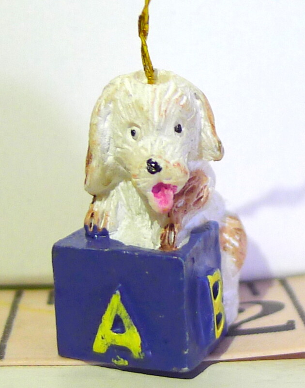 White Puppy Dog with brown spots on ABC Block miniature Hanging Ornament 2004