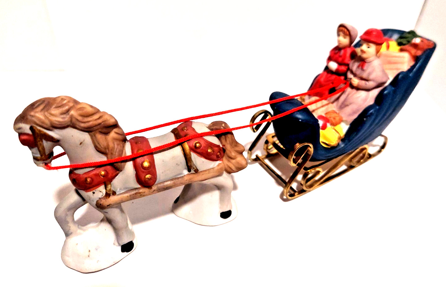 Vintage Horse Drawn Sleigh Christmas Village Figurine Porcelain w/ Metal 2pc Set