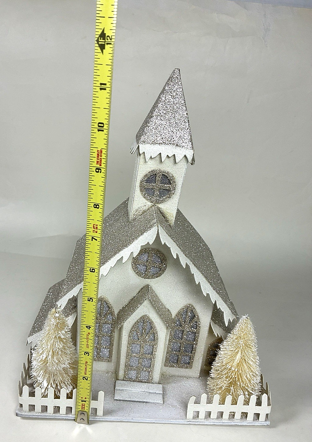 Putz Style Glittered Cardboard Christmas Village Church Bottle Brush Trees 12″