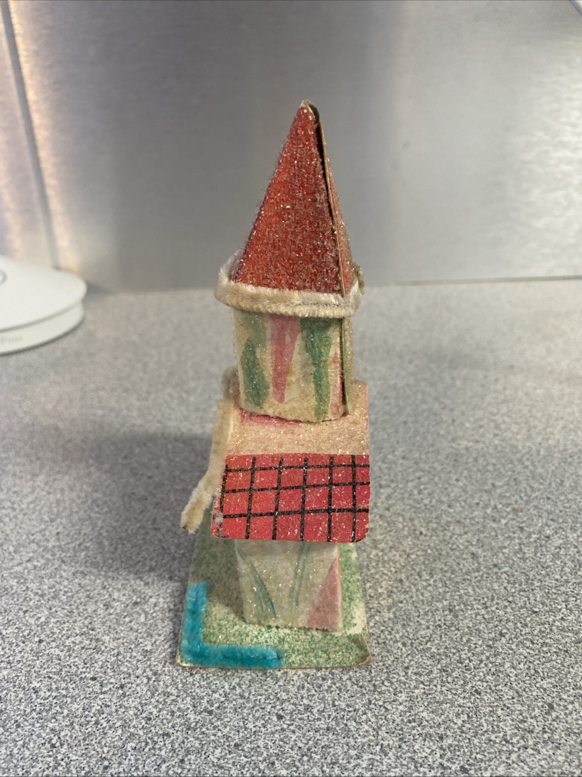 Nice Putz House + 5.5” Tall Glitter Church w/Pipe Cleaner Trim – Needs Some TLC