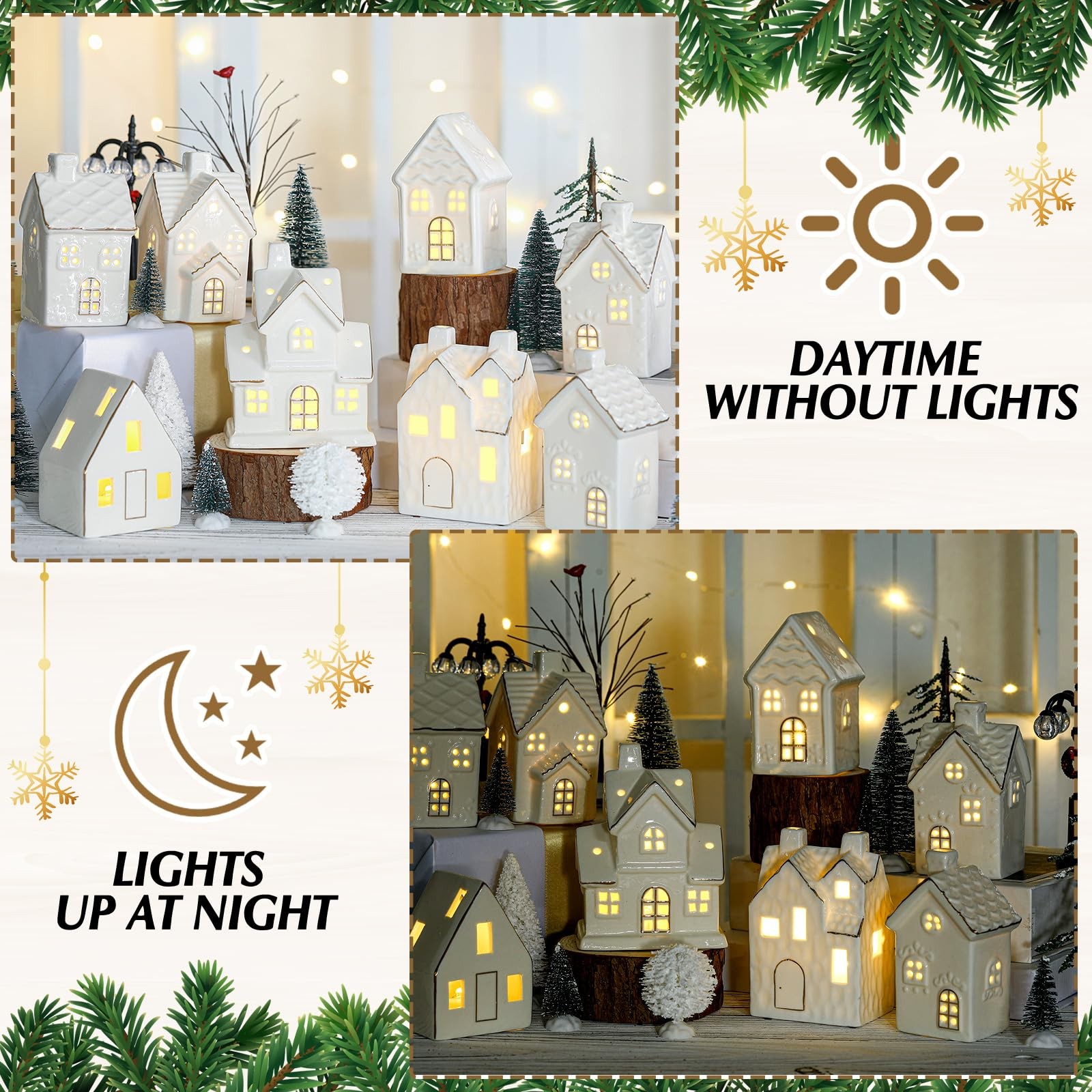 28 Pcs Ceramic LED White Christmas Village Set Include 8 LED White Christmas …