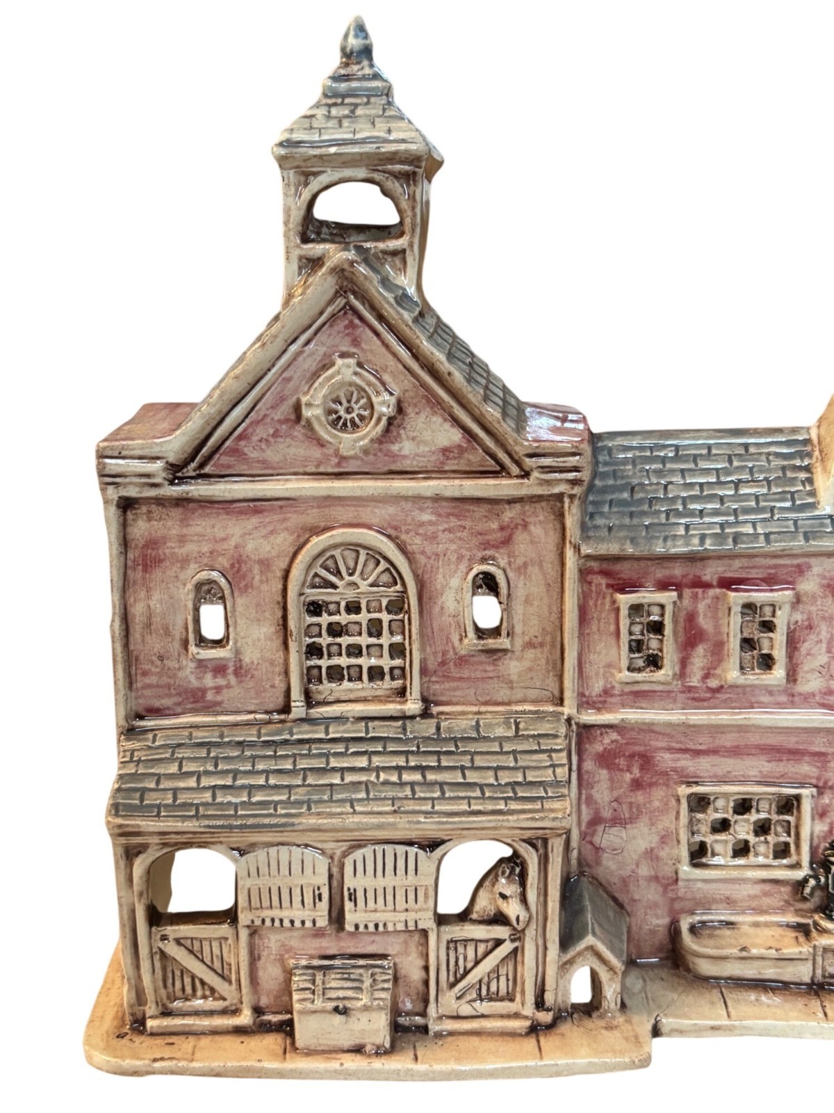 Vintage Ceramic Village Horse Barn Building With Rustic Red & Beige Finish Handm