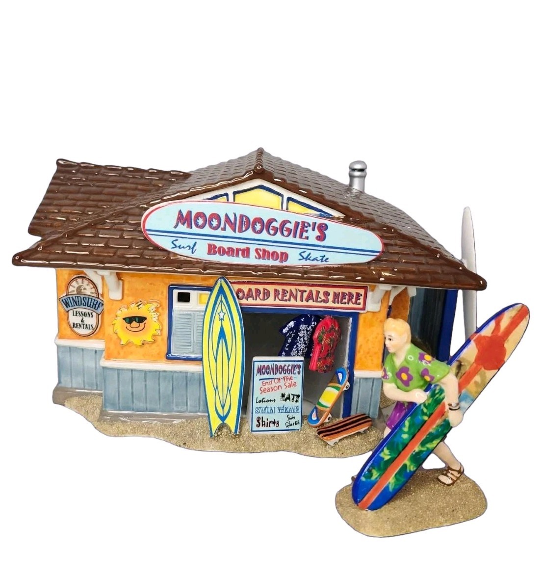 Department Dept 56 Snow Village Moondoggie’s Board Shop Summer Beach Surfboard