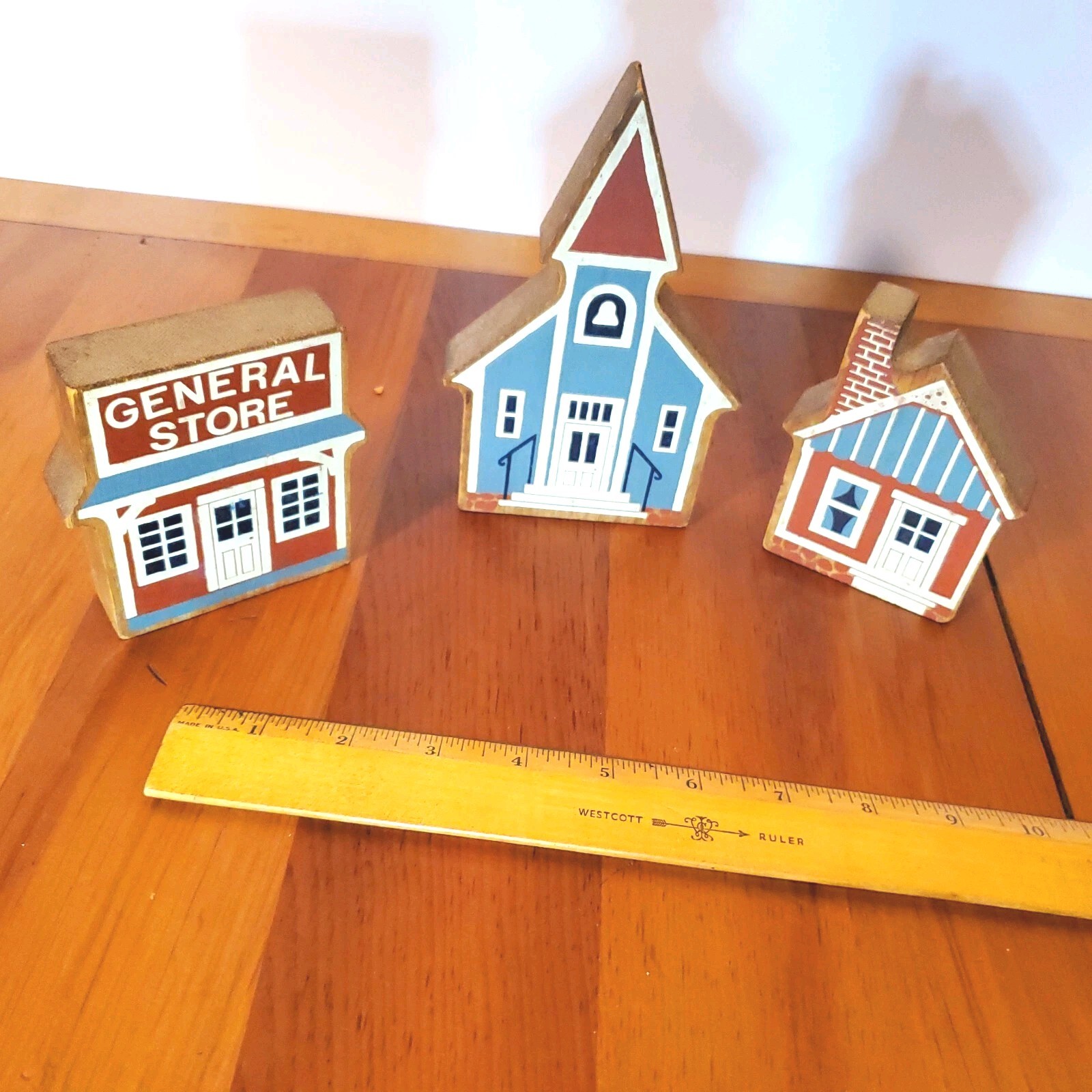 Vtg Hand Painted Wood Folk Christmas Village USA General Store Church House Set