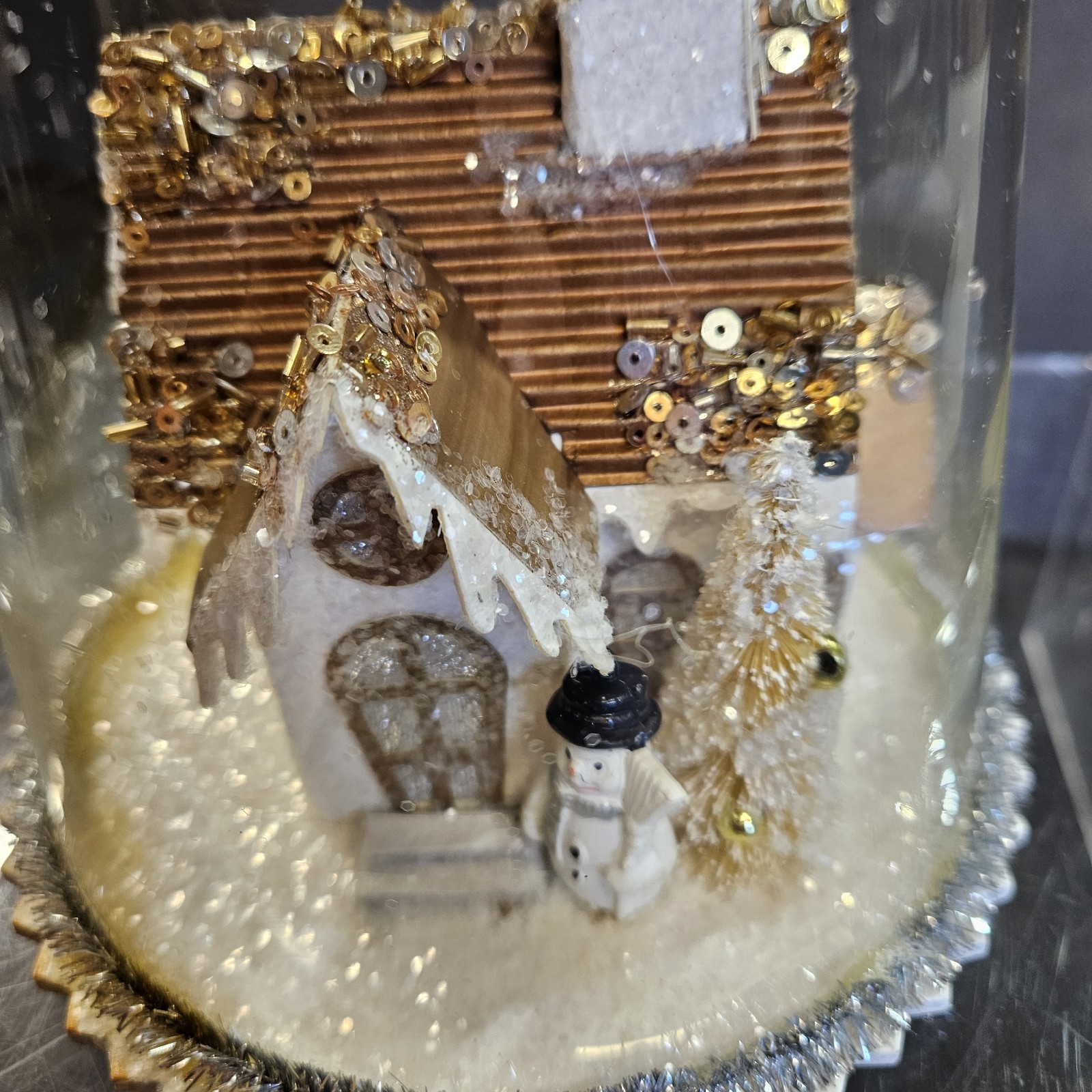 Pottery Barn Lighted Putz House in Glass Dome Christmas Snowman Working 8″ tall