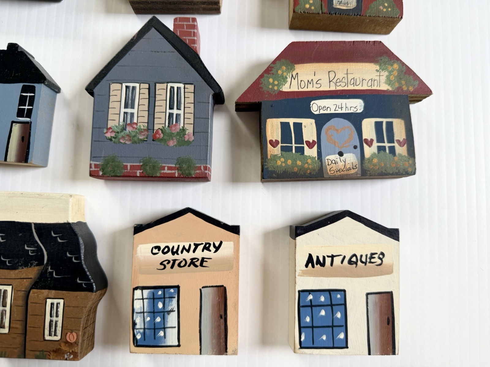 Vtg Lot Of 12 Wooden Houses, Buildings Shelf Decor Hand Painted, Signed B Smith