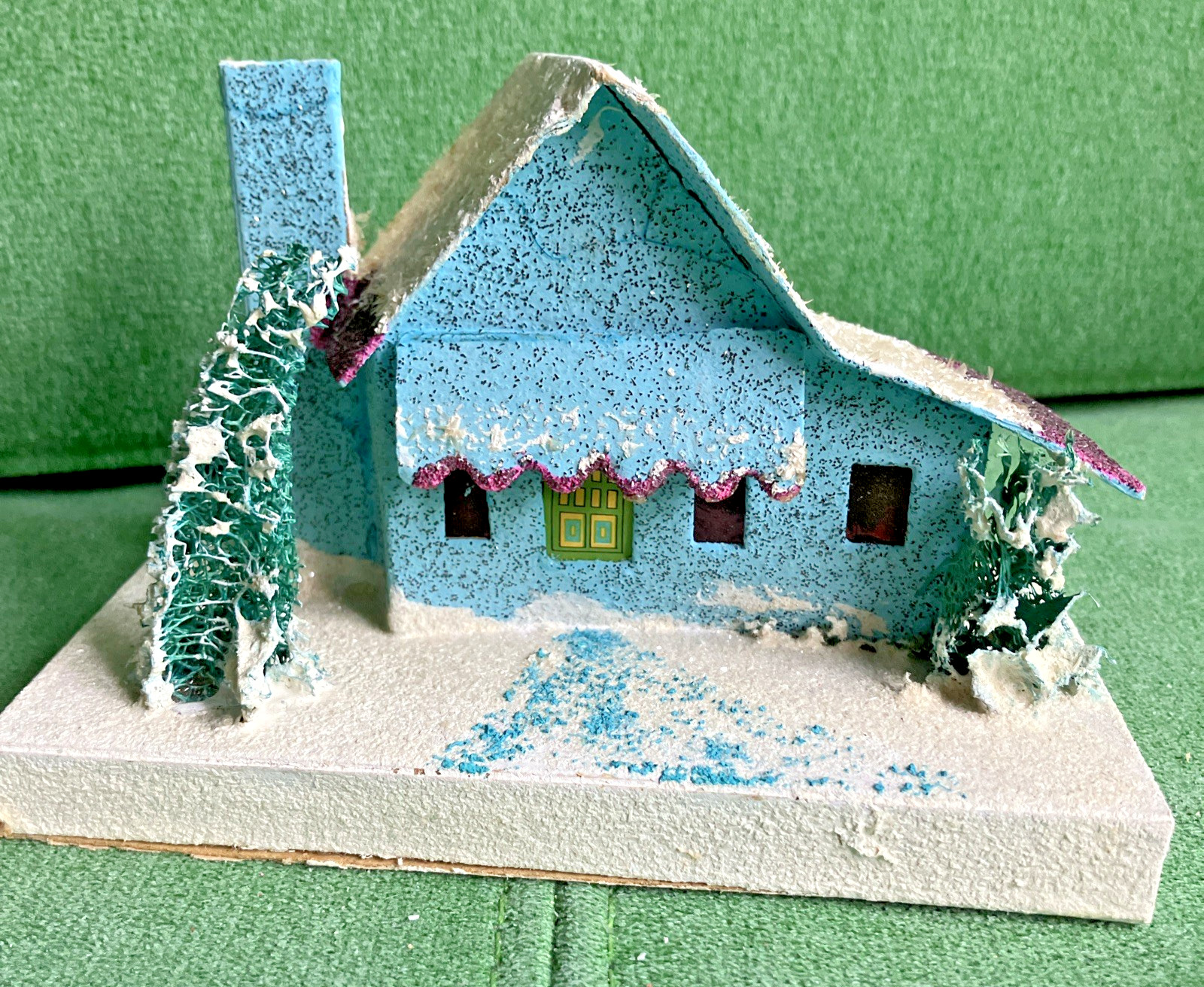 2 Sizes VTG Christmas Putz Houses, Cardboard w Mica Glitter, Windows, Trees