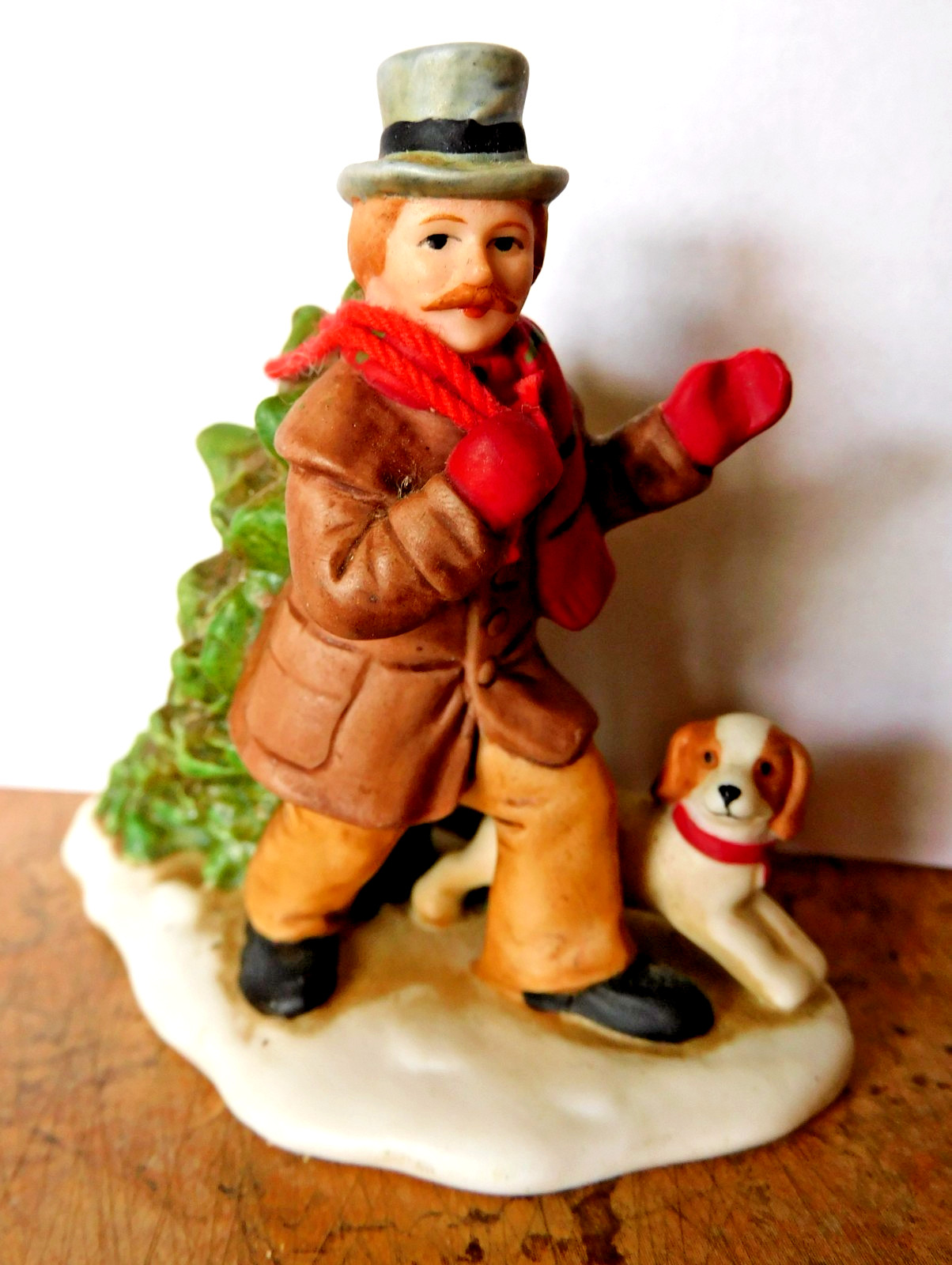 Man with Christmas Tree and Dog Lefton Colonial Village Porcelain 1989 2-5/8″H