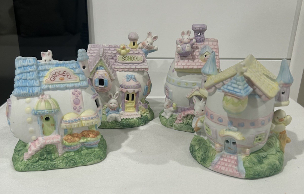 Vtg Easter Bunny Set of 4 Ceramic Porcelain Hand Painted Easter Decor 6” Tall