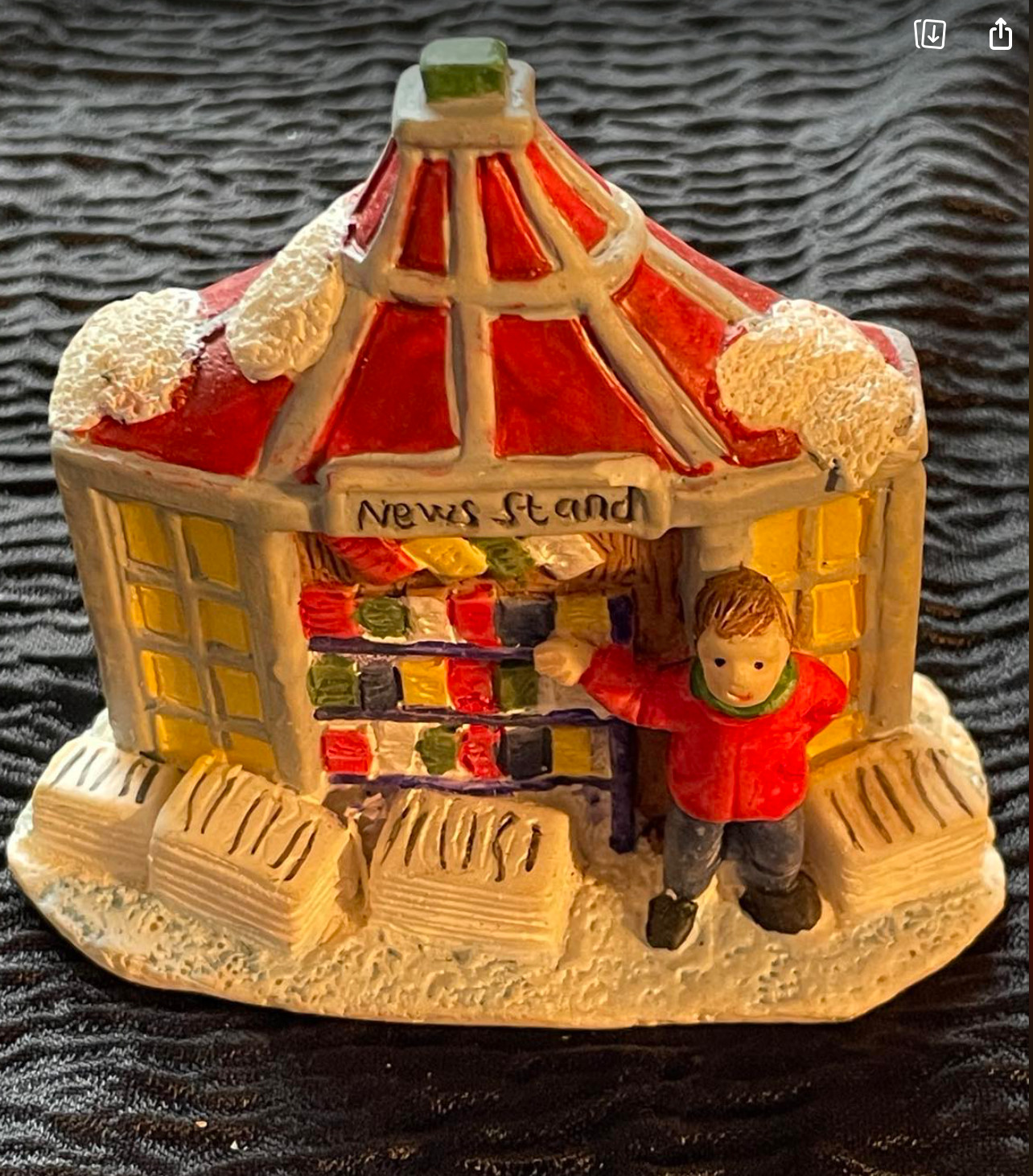 Miniature Village Scene Winter Time Boy Selling Magazines News Stand Figurine