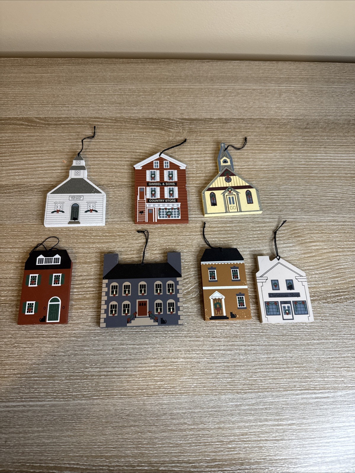 Lot Of 7 The Cats Meow Wooden Ornaments Houses, Christmas Shop, Country Store