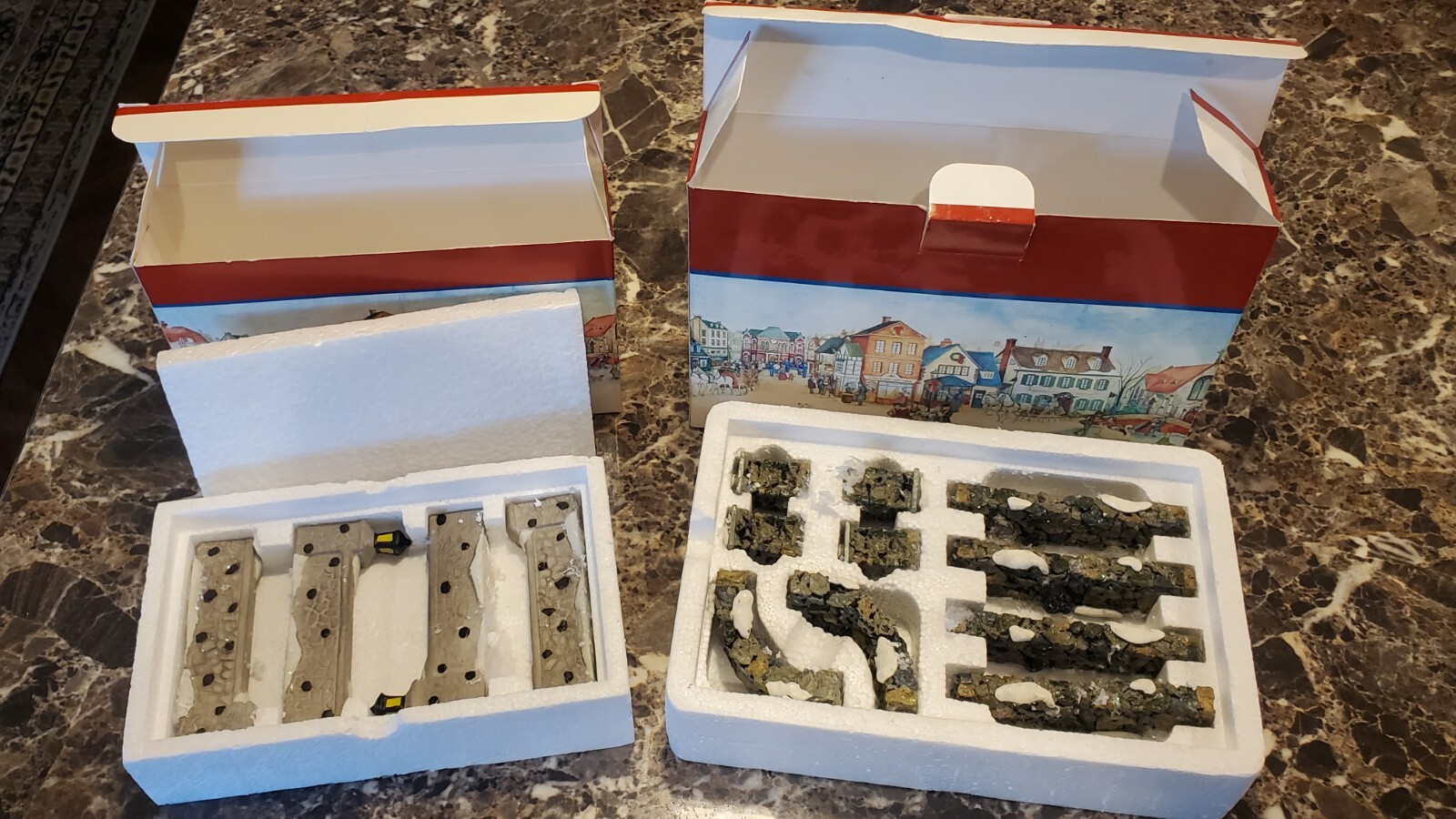 (2) Lemax Village Collection Colonial Stone Wall Set & Porcelain Stone Wall Set
