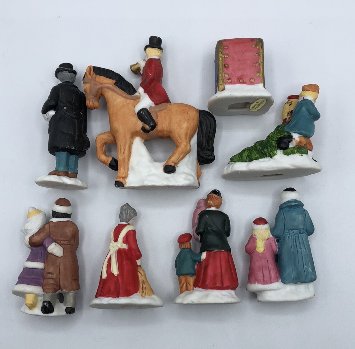 Small Christmas Village Porcelain Bisque Caroling People Horse, Mailbox Lot of 8