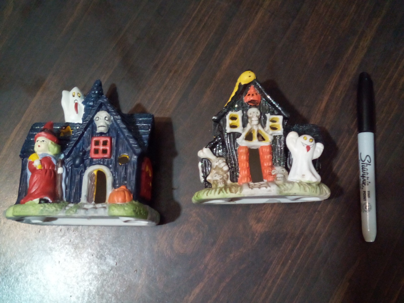 Vintage Mini Ceramic Halloween Village Haunted House Decor Ghost Set Of 2
