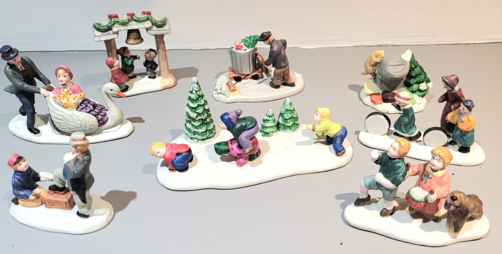 Vtg Porcelain Christmas Village People Figures Dog Cat Kids Skaters Accessories