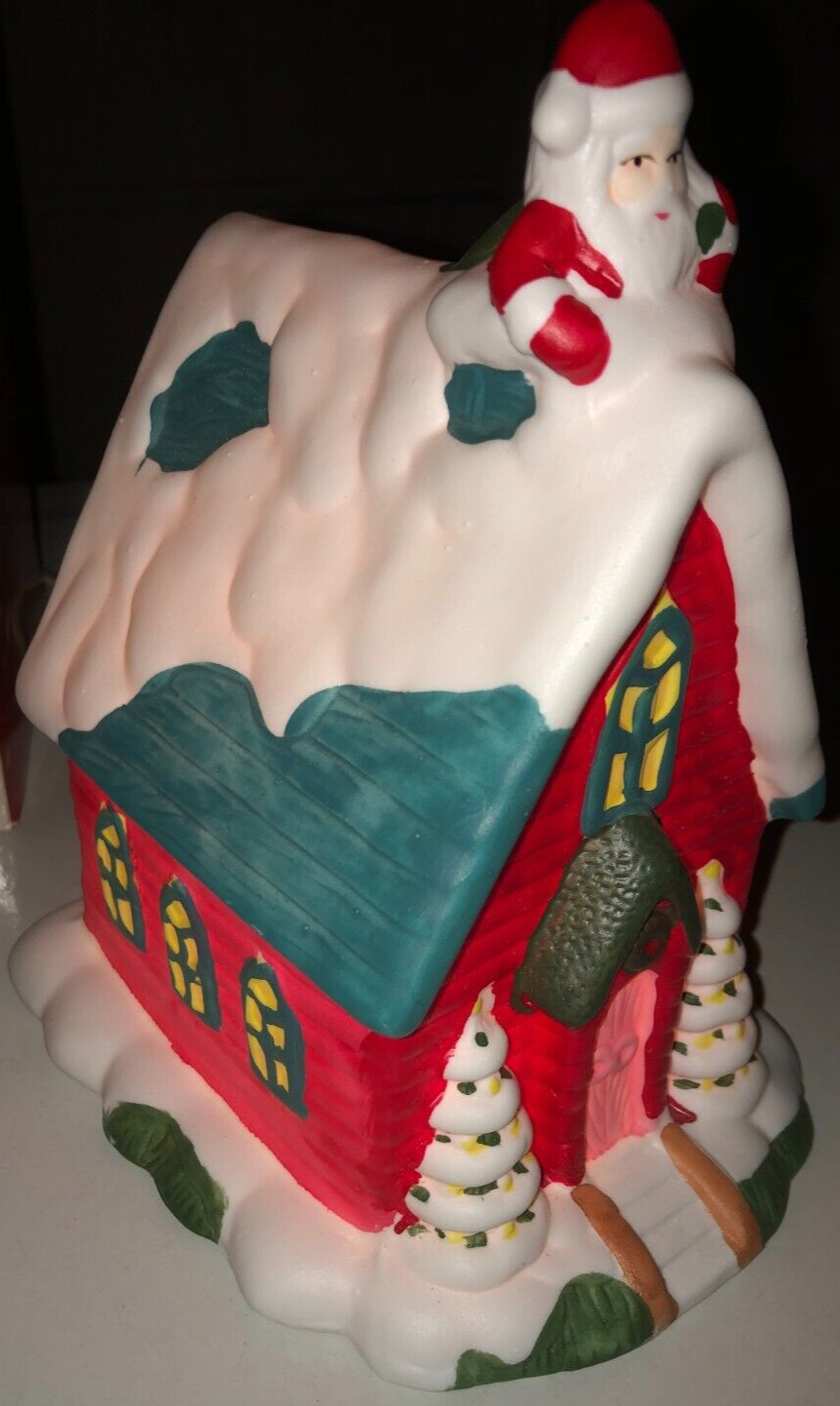 Merry Christmas Santa Goes to Church w Snow on Roof Lighted with 4′ Switch Cord