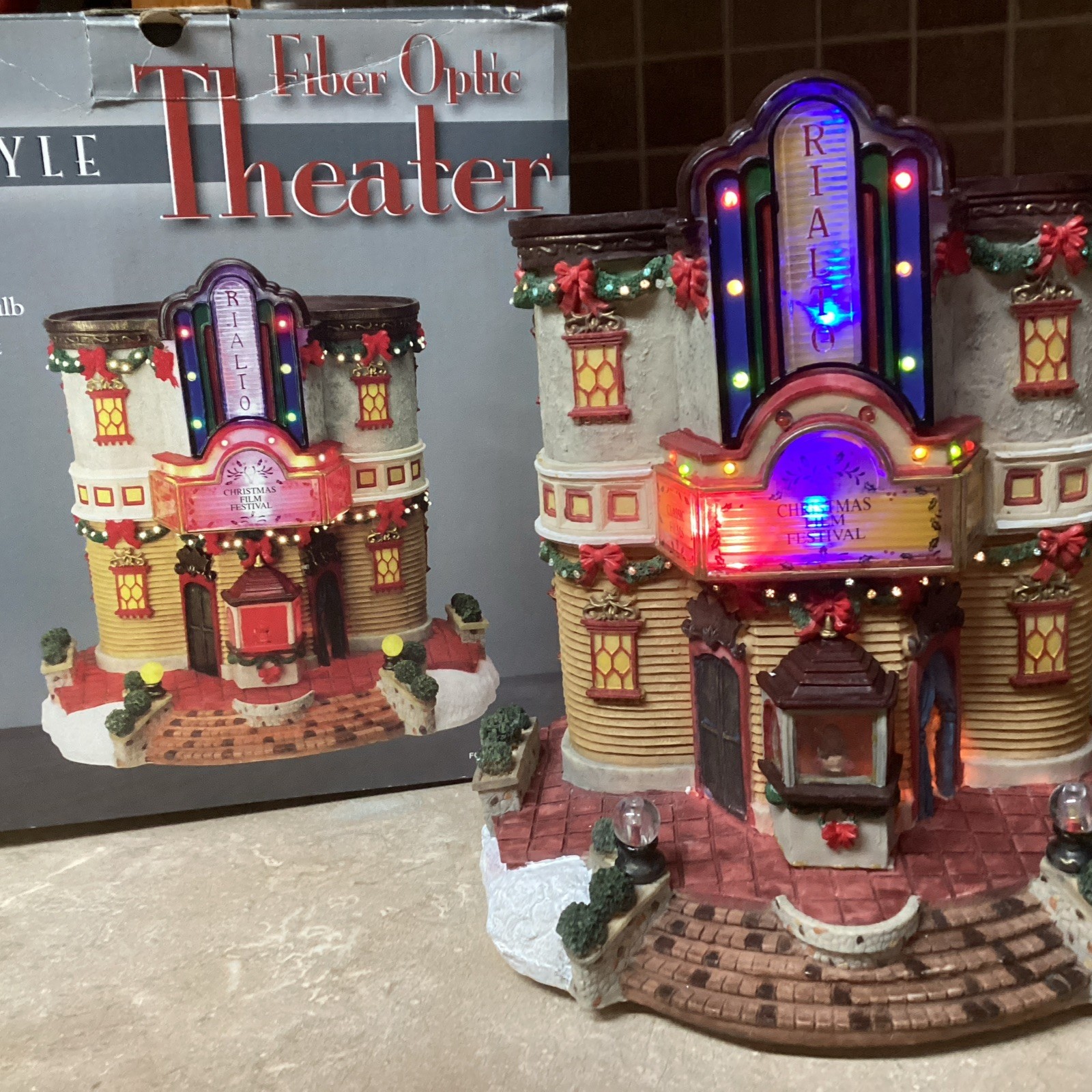 50s STYLE Village Fiber Optic Theater CHRISTMAS FILM FESTIVAL- Works-11” Tall