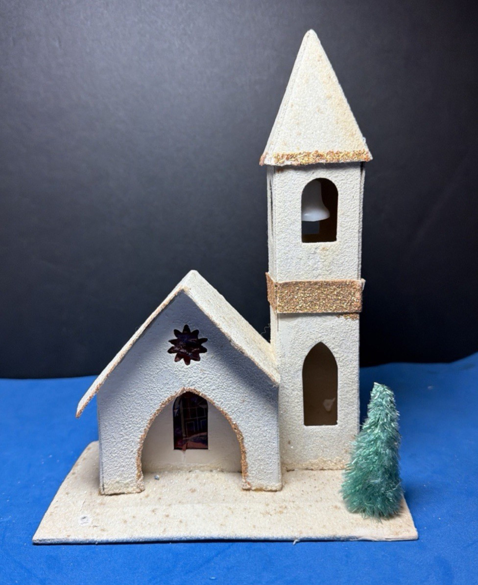 Vtg 1950s Putz Cardboard Christmas Village Church JAPAN Steeple & Bell Large 8″T
