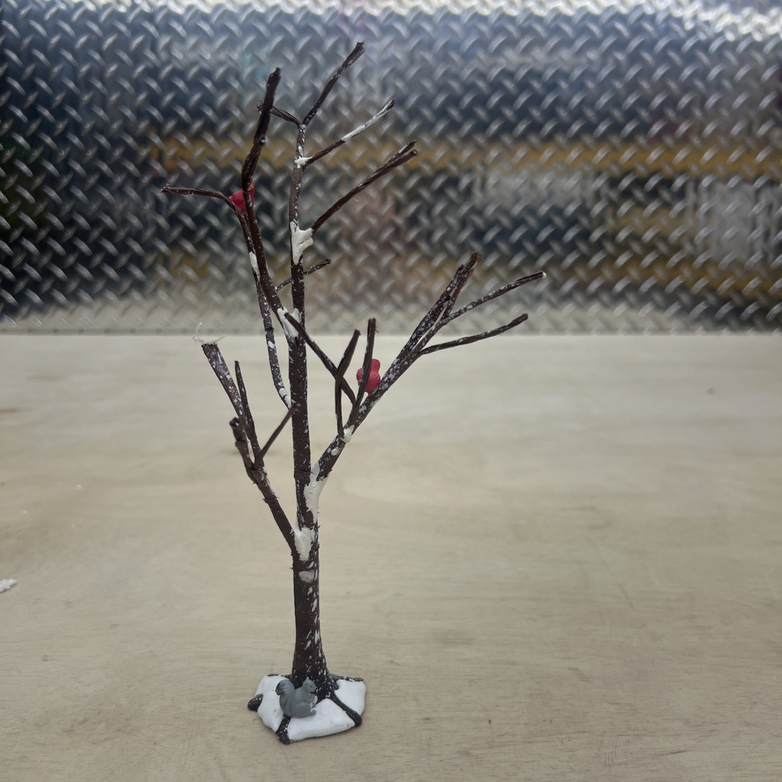 Dept 56 Village Accessories Frosted Bare Branch Tree W/Cardinals & Squirrel -9”