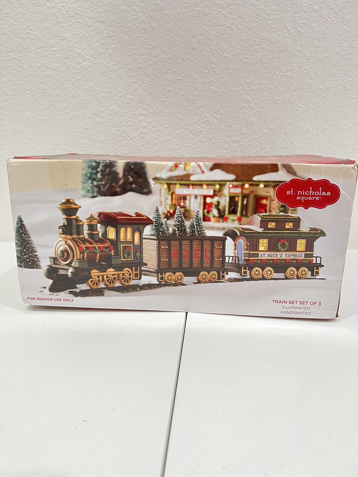 St. Nicholas Square Village Collection Set of 3 Train Set Illuminated With Box