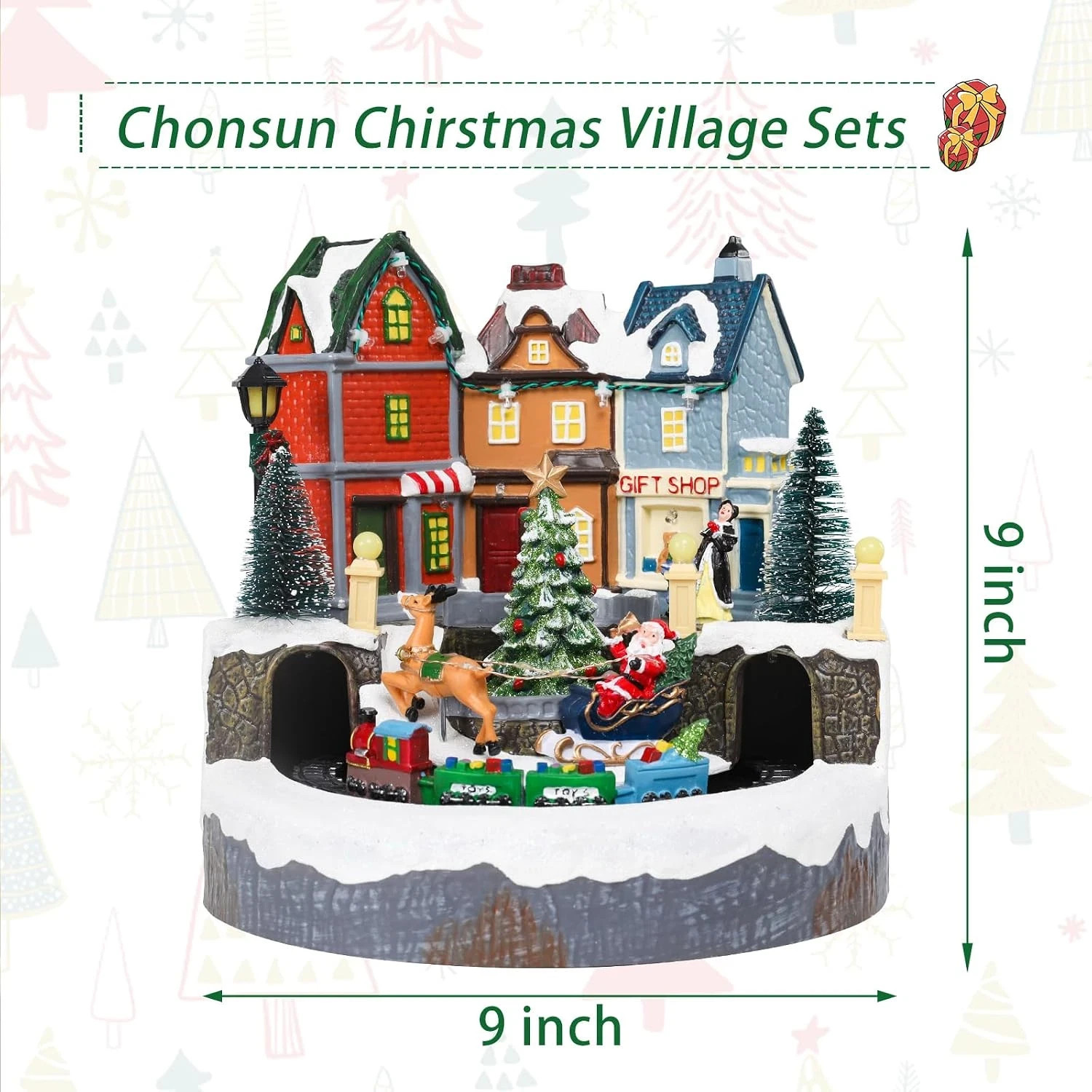 Animated 9″ Christmas Village Train Set with Music & Lights for Holiday Decor