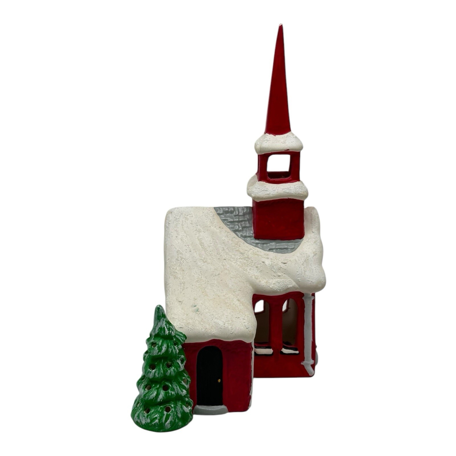 Vintage Handmade Ceramic Snowy Red Church Holiday Village 9” Tall