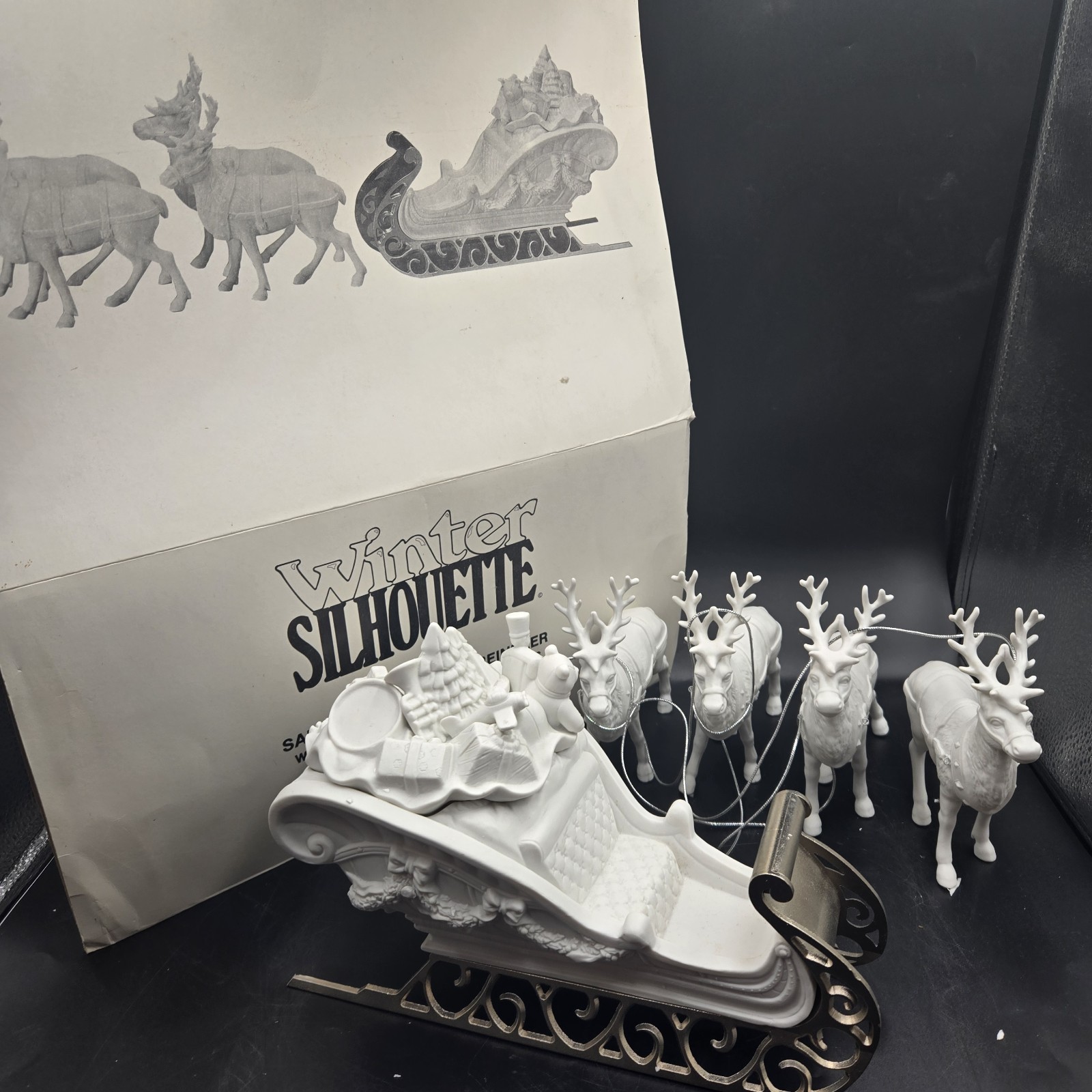 Department 56 “Winter Silhouette” Santa’s Sleigh and 4 Reindeer set Original Box