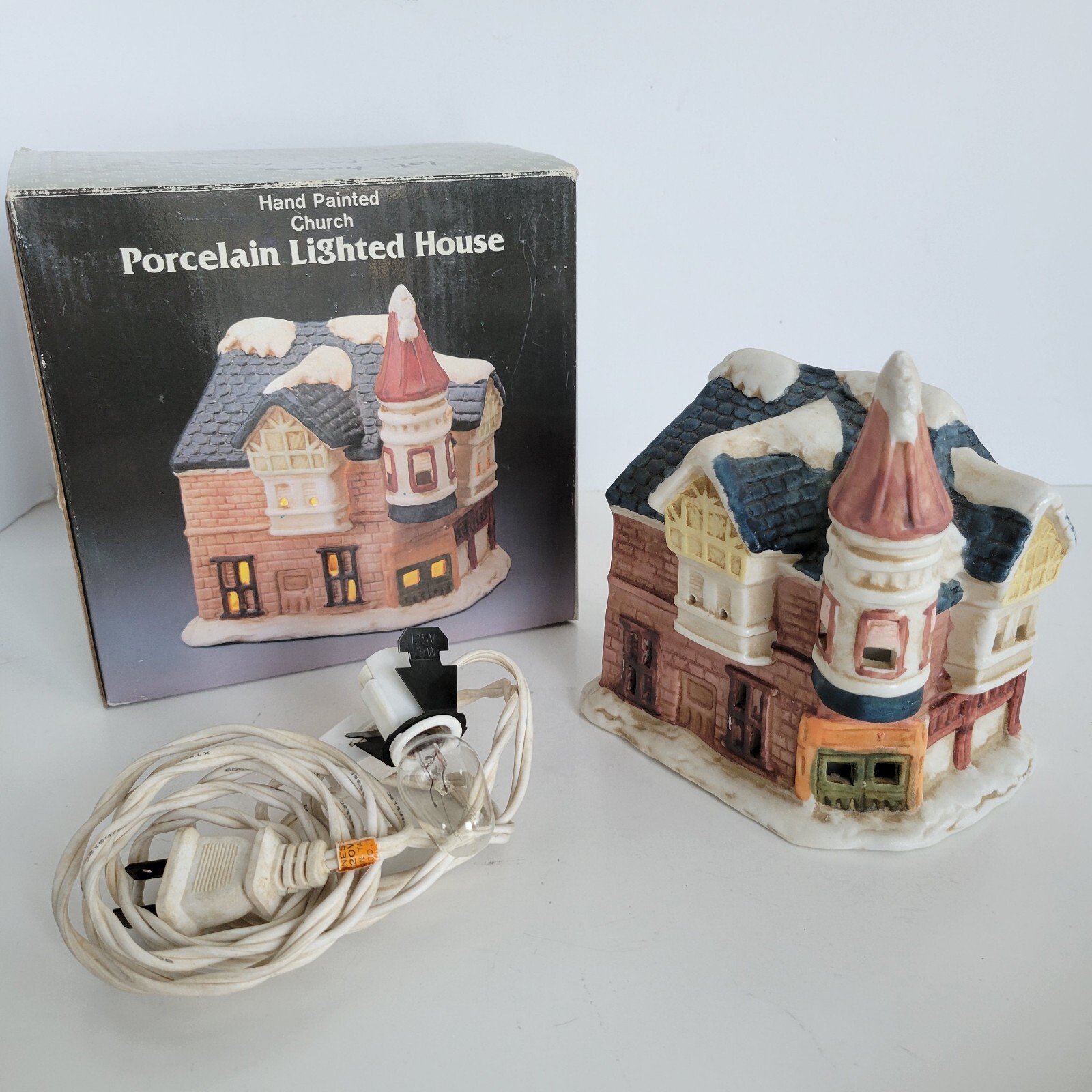 VTG Hand Painted Porcelain Lighted Church House 5.5 Tall Christmas Village Decor