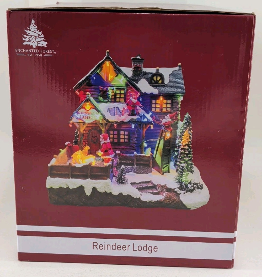 Enchanted Forest Reindeer Lodge Animated Musical Christmas Village House W/Box