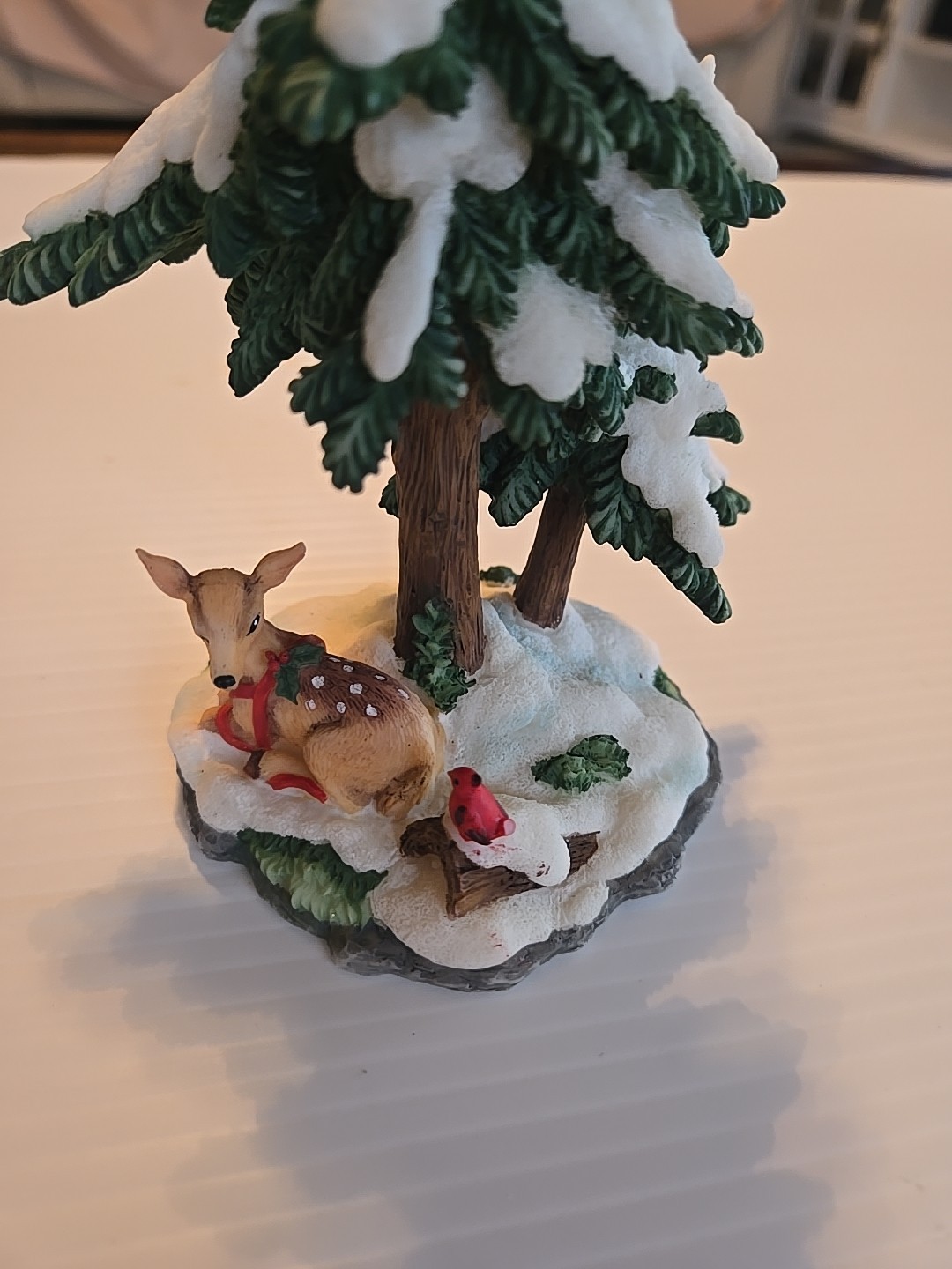 Winter Woodland Scene w Fawn Deer Cardinal Snow Pine Trees, 7″