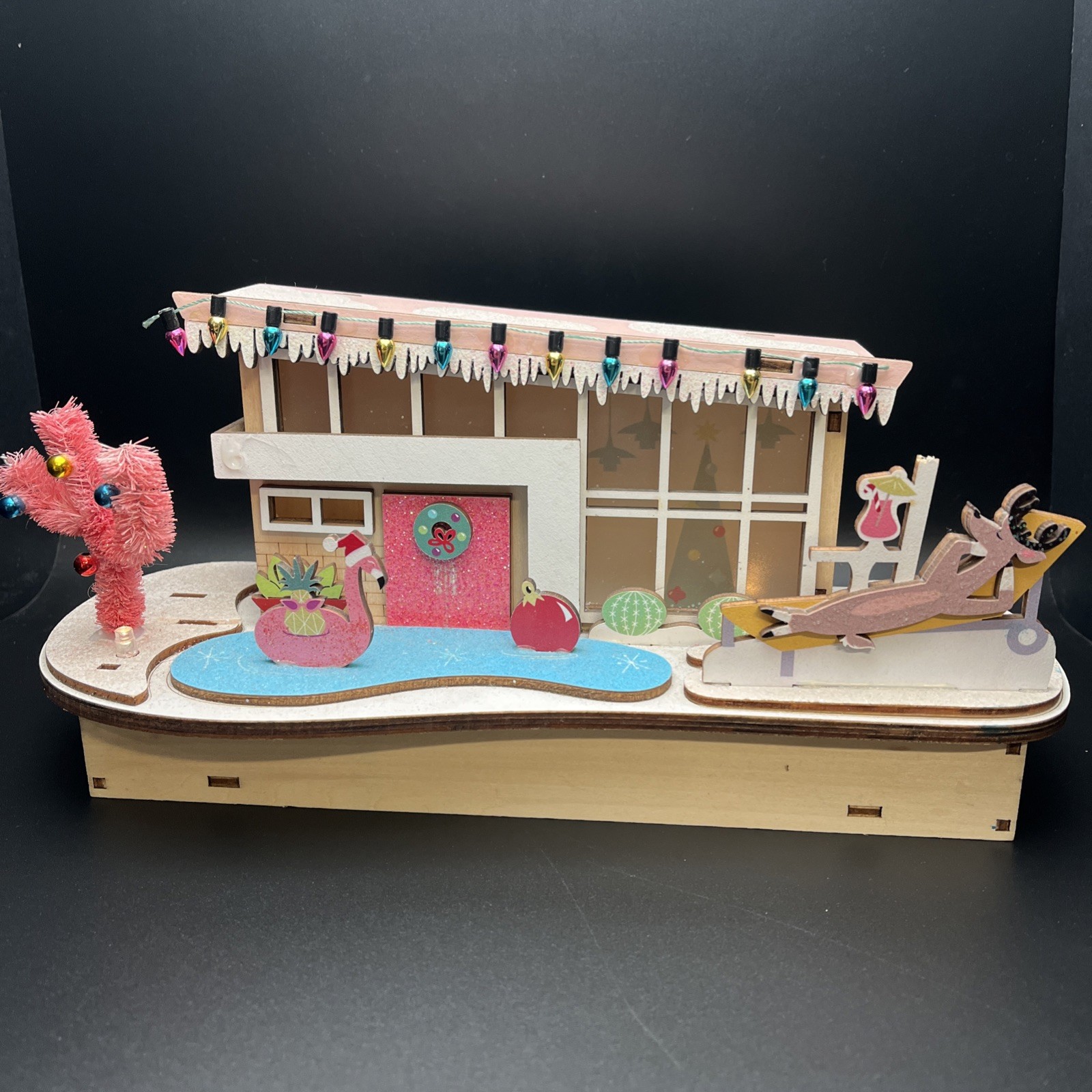 World Market 2022 Lighted MCM Wood Cut Christmas House Flamingo Pool Cactus NTN