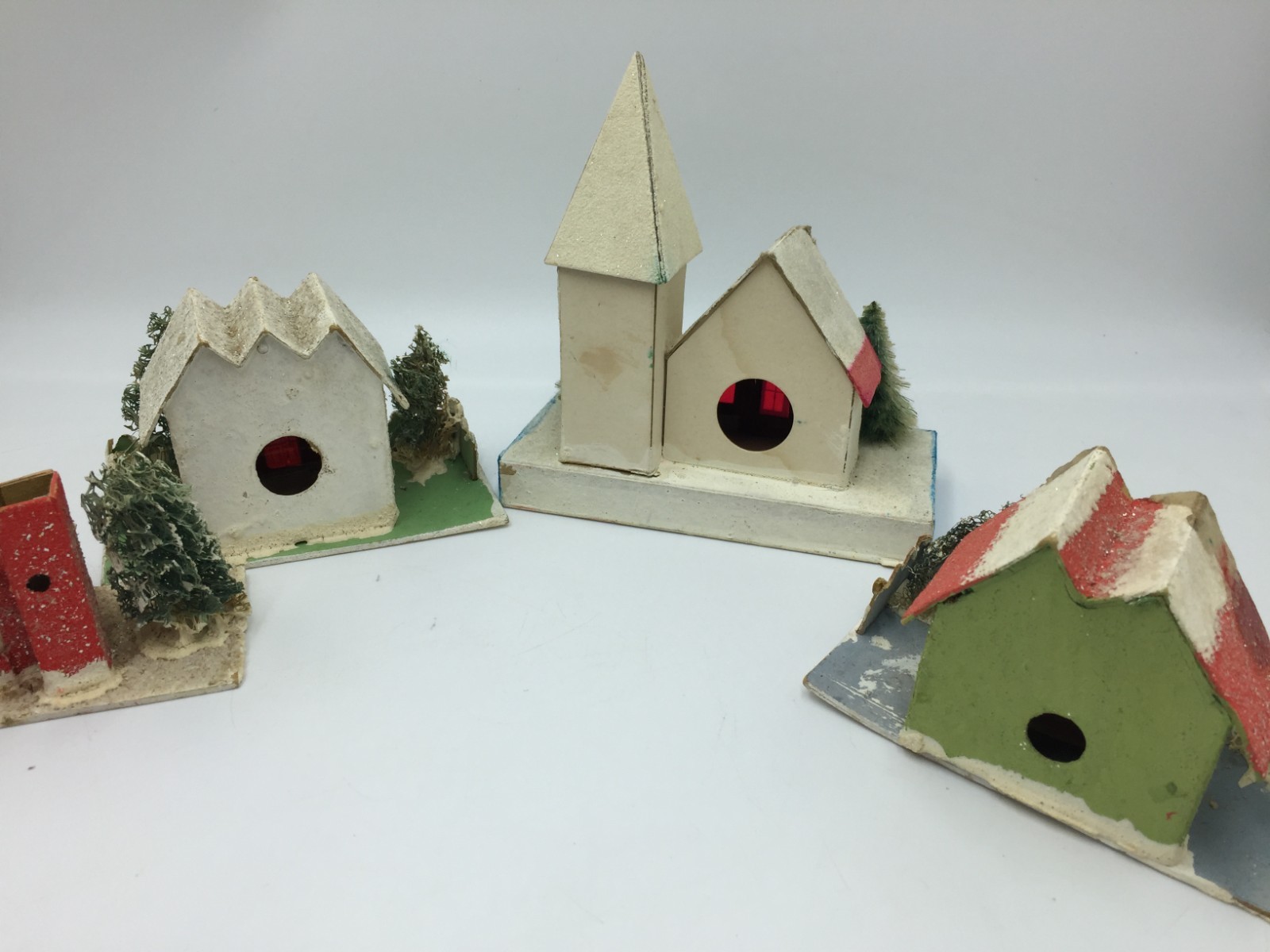 4 Japan Putz Christmas Village Houses,Church,Farmhouse,Cardboard,Glitter,Handmad