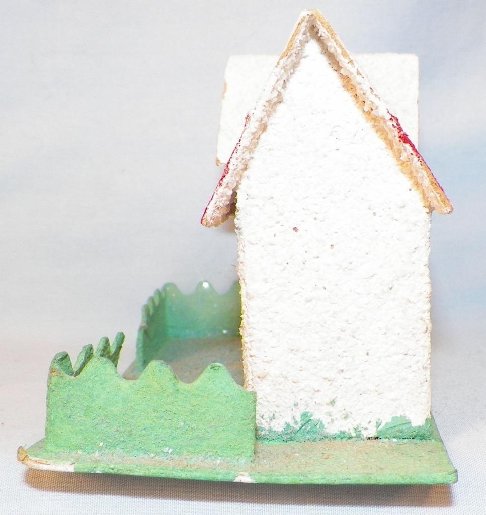 Christmas House Putz Railroad Display White Red Roof Green Fence Vintage #44