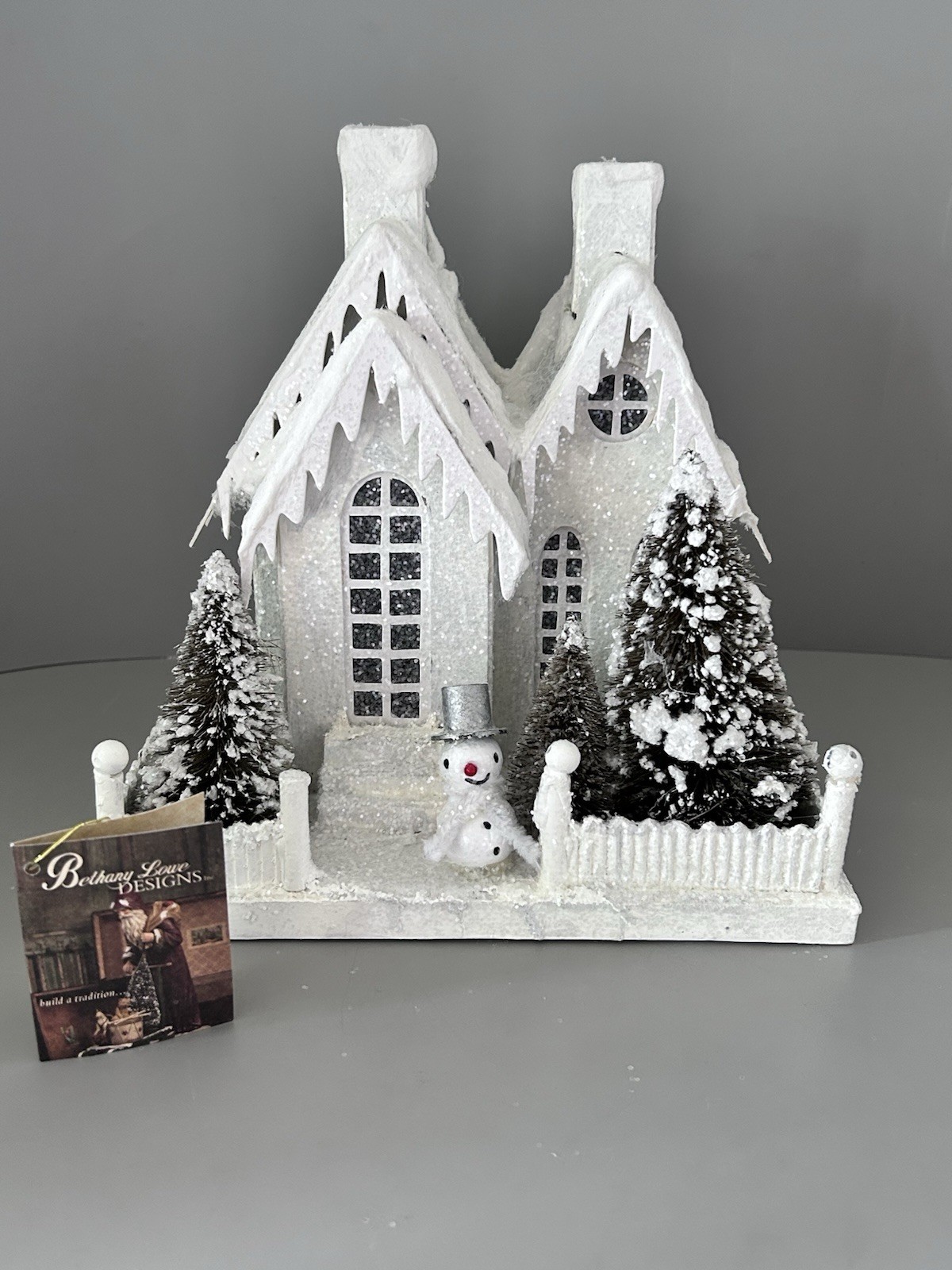 Bethany Lowe Designs Putz Glitter White Snowy Christmas Village House W/ Snowman