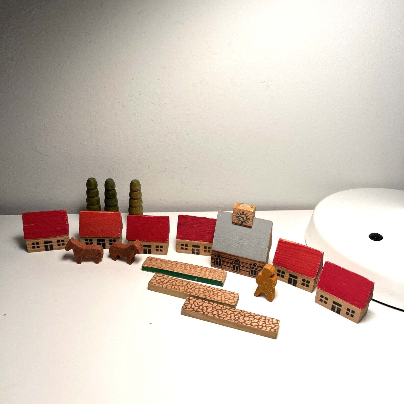 Vintage Erzgebirge Germany Wooden House Village Lot Mini Tree Clock Tower Red