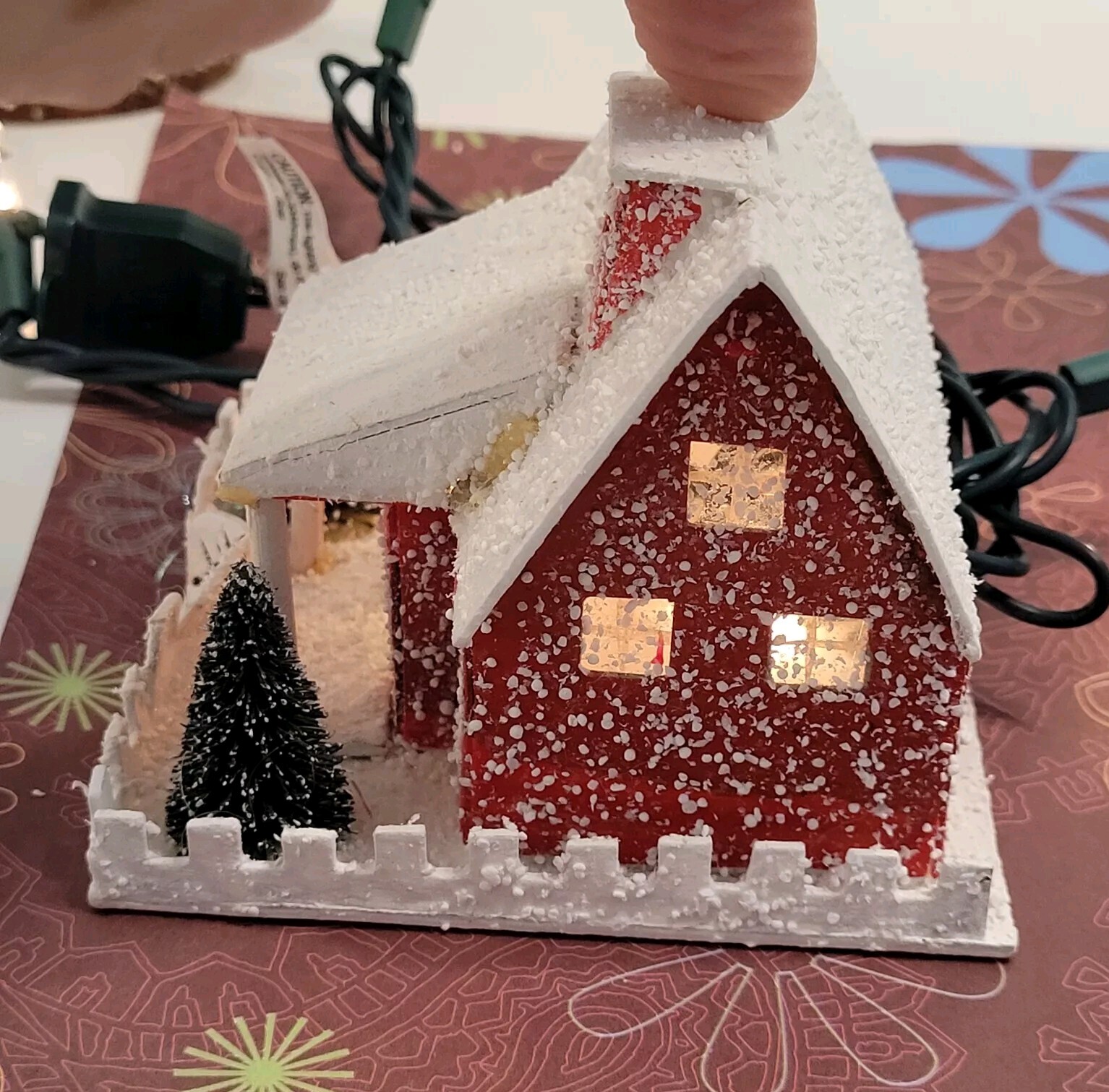 Vtg Inspired Putz House Red W/White Roof Snow Trees Fence Glitter Light Hole
